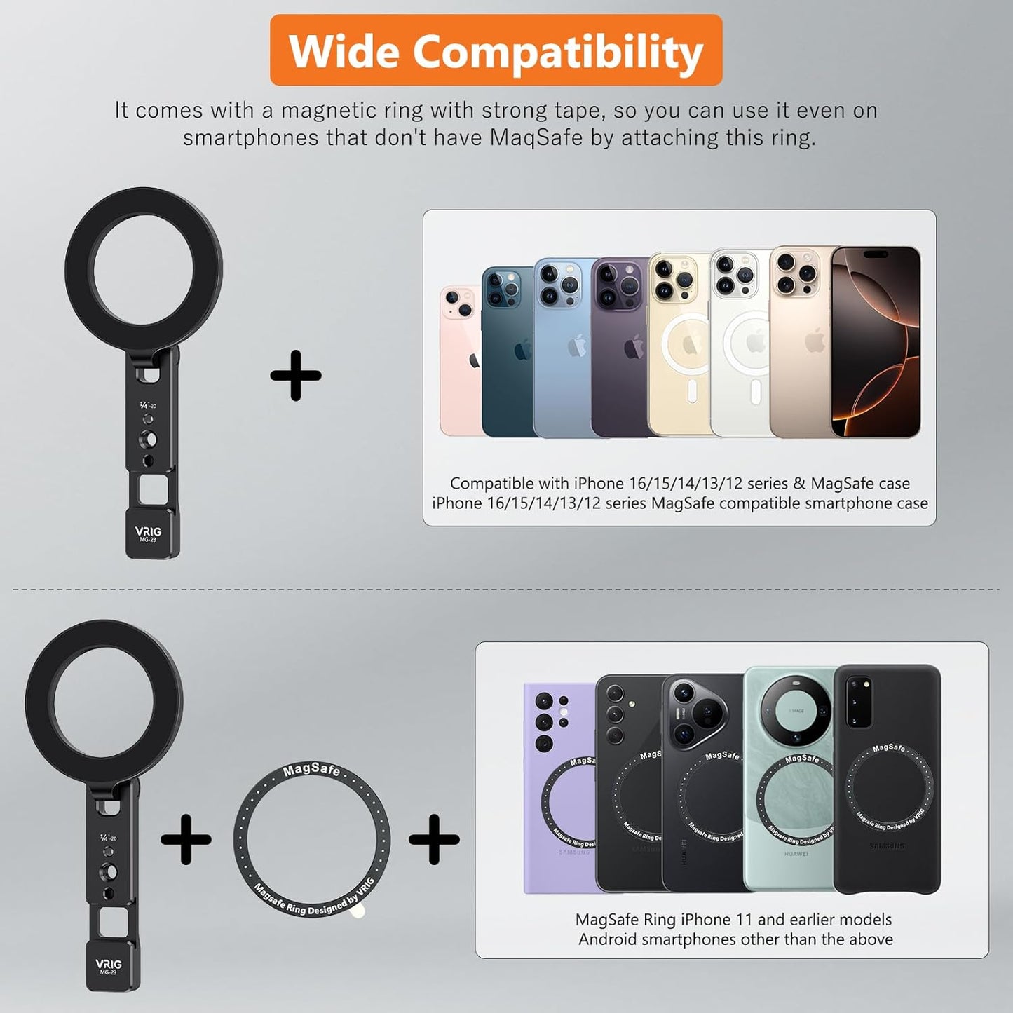 VRIG Magnetic Phone Holder Compatible with Magsafe for iPhone 16 15 14 13 12 Pro Max Plus Series,Aluminum Tripod Mount Adapter with 1/4”-20 & Cold Shoe for Video Recording