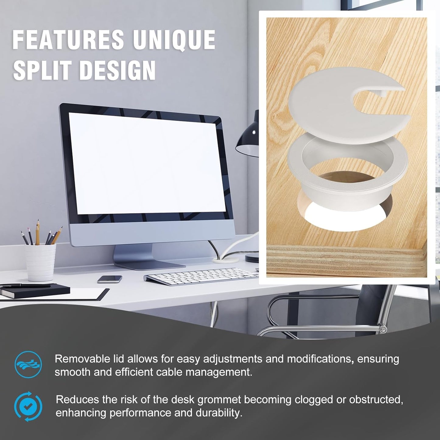 2" White Desk Grommet, JTemgle Plastic Cable Hole Cover Computer Table Cord Wire Organizer Caps Desktop Cord Management for Home Office TV Stands Tabletops, 2 Pieces