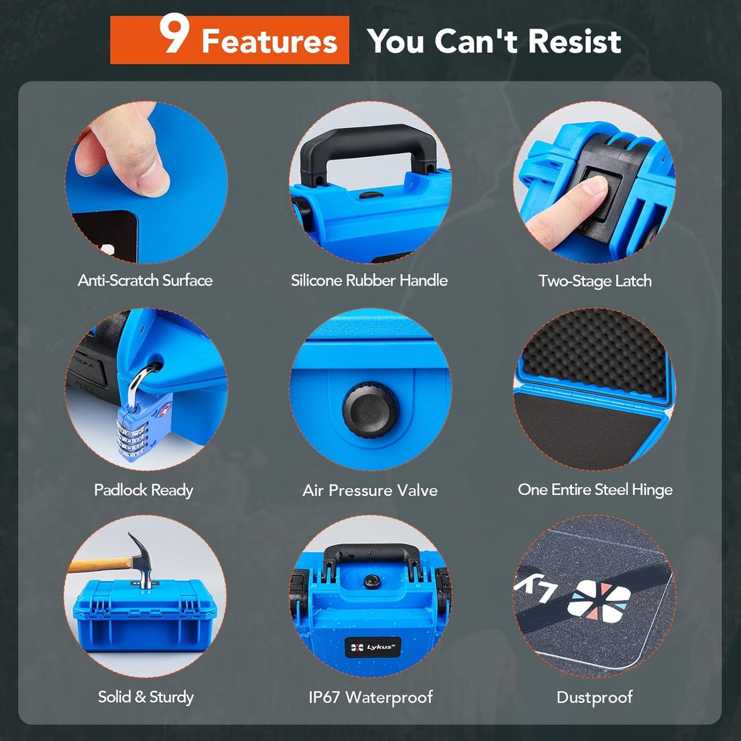 Lykus HC-3010 Waterproof Hard Case with Customizable Foam Insert, Interior Size 11.81x7.87x4.72 in, Suitable for Pistol, Camera, Lens, Drone, Mic, Flashlight, Electronics, Tools, and More