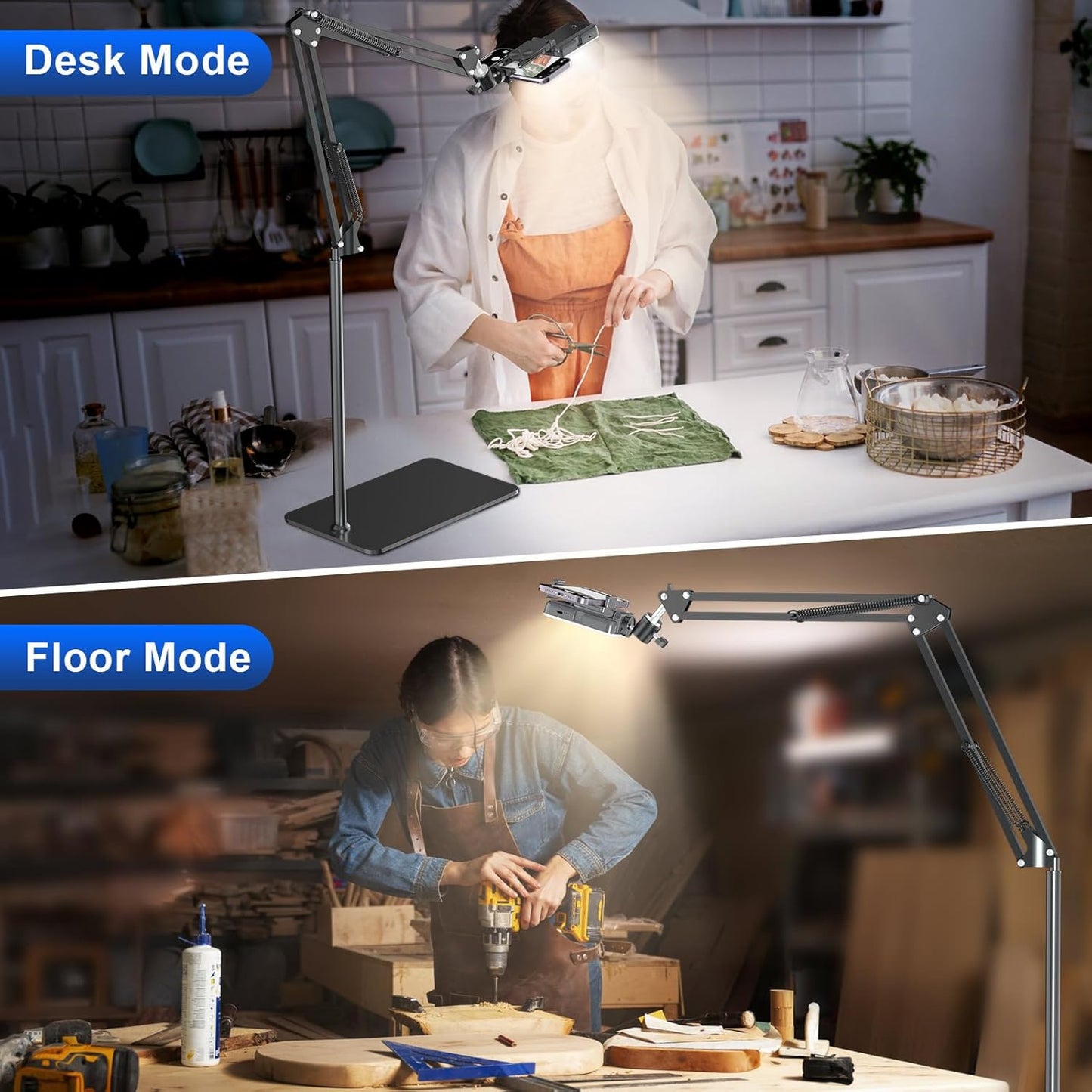 Overhead Phone Tripod for Cooking Videos with Rechargeable Light, Move Around Floor Phone Stand with Ring Light Content Creator Video Recording Selfie Photography TikTok Youtube Compatible with iPhone