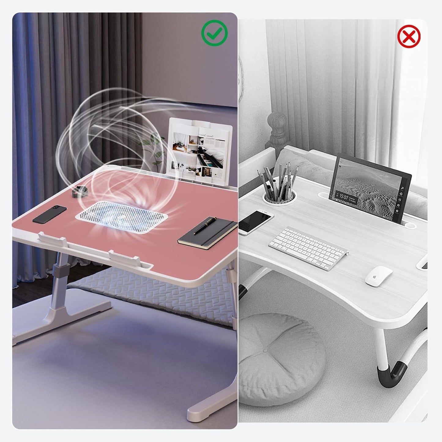 Laptop Lap Desk Include Cooling Fan,Adjustable Lap Desk with Light Fan,Folding Laptop Desk for Bed with USB,Bed Desk with Storage Drawer 60x40cm,Pink