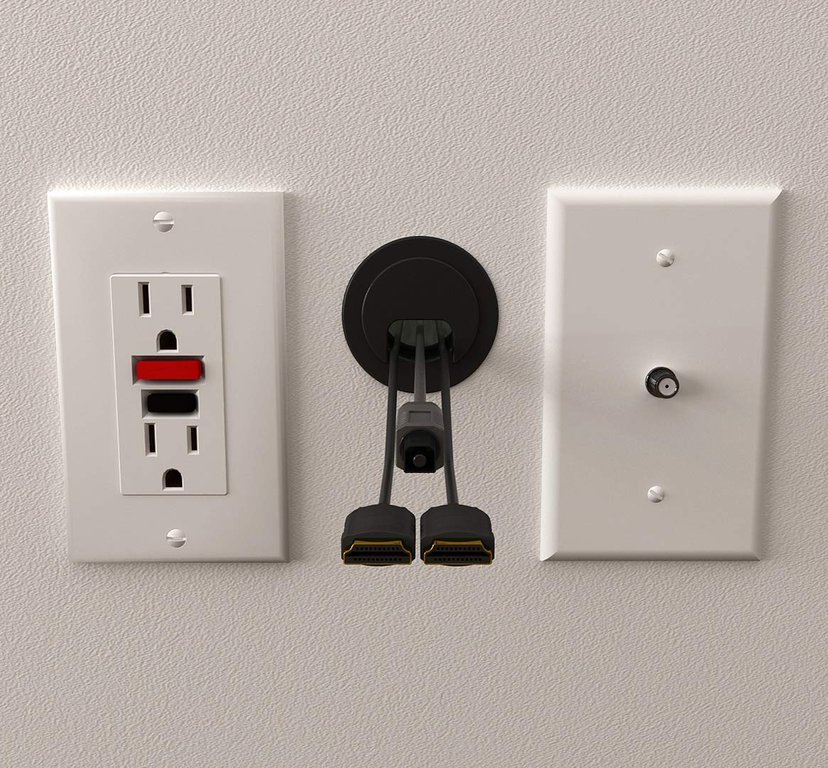 (2-Pack Black) Cable, Wire & Cord Management - Self Locking Grommet with Cover for Walls, Ceilings, Desks, Used for All Surfaces 3/8” to 1” Thick, Made in USA