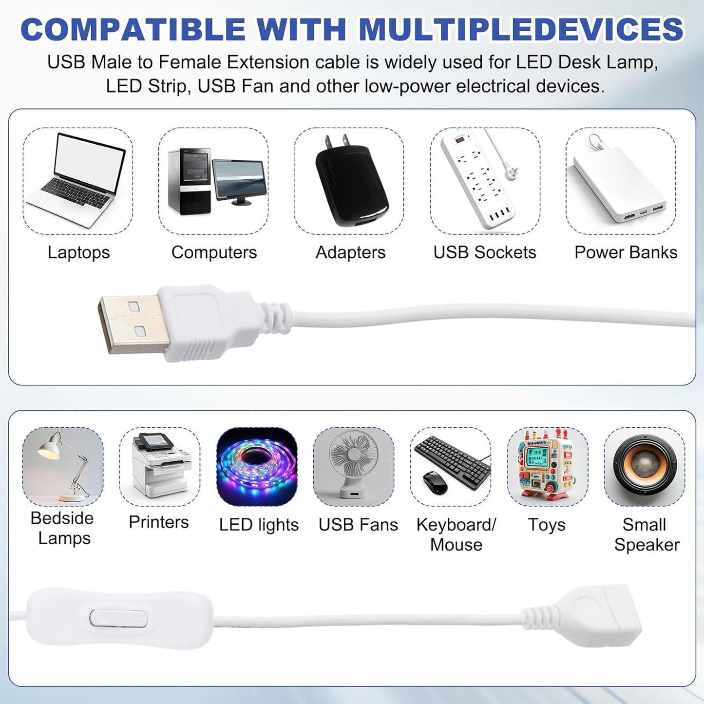 MECCANIXITY USB Cable with ON/Off Toggle Switch, USB Male to Female Extension Cord Inline Switch 2.0m White, for LED Desk Lamp LED Strip