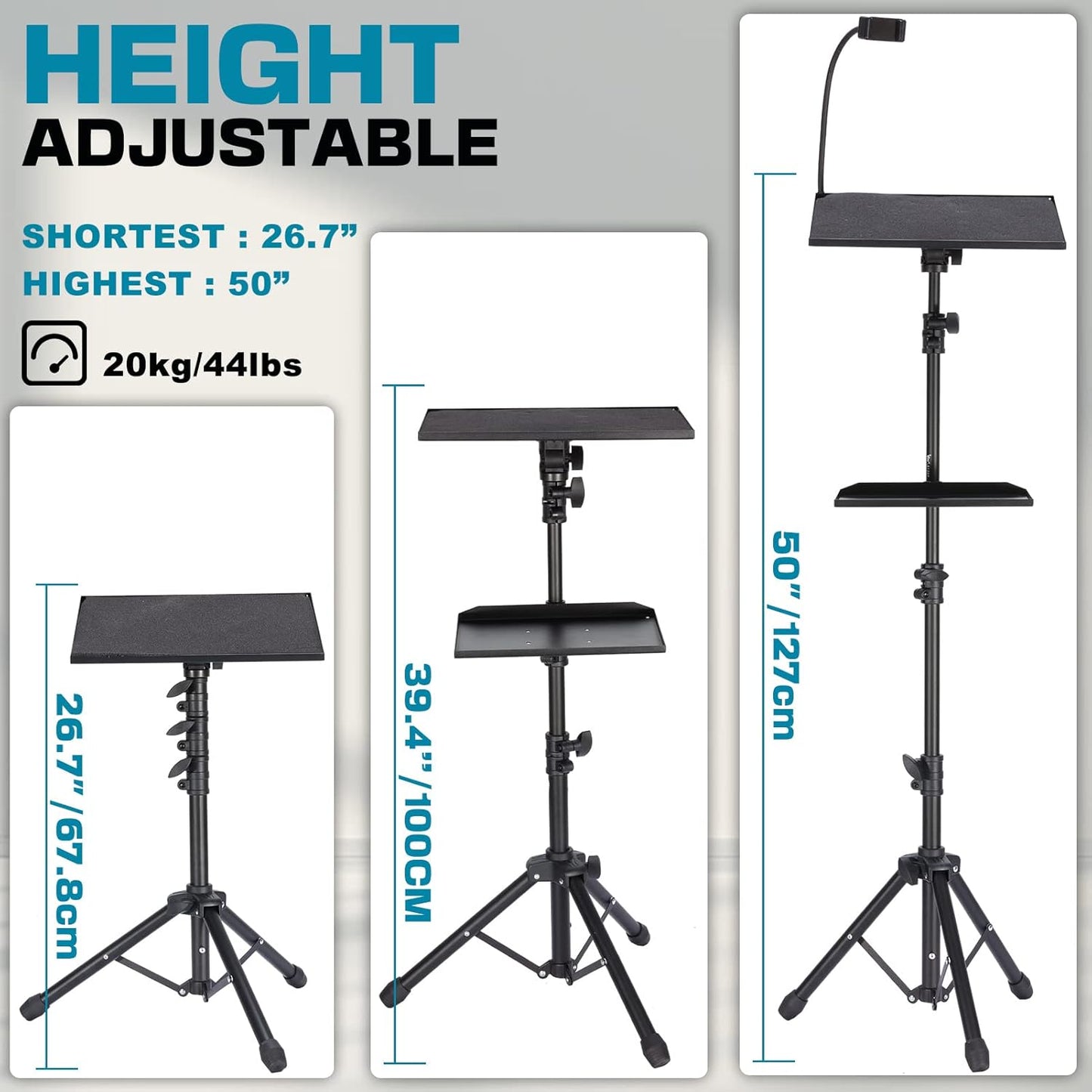 Lusweimi Projector Tripod Stand, 50” Laptop Stand with 2 Shelves for Projector, iPad, DJ Equipment, Portable Adjustable Floor Stand with Gooseneck Phone Holder for Office, Home, Stage or Studio
