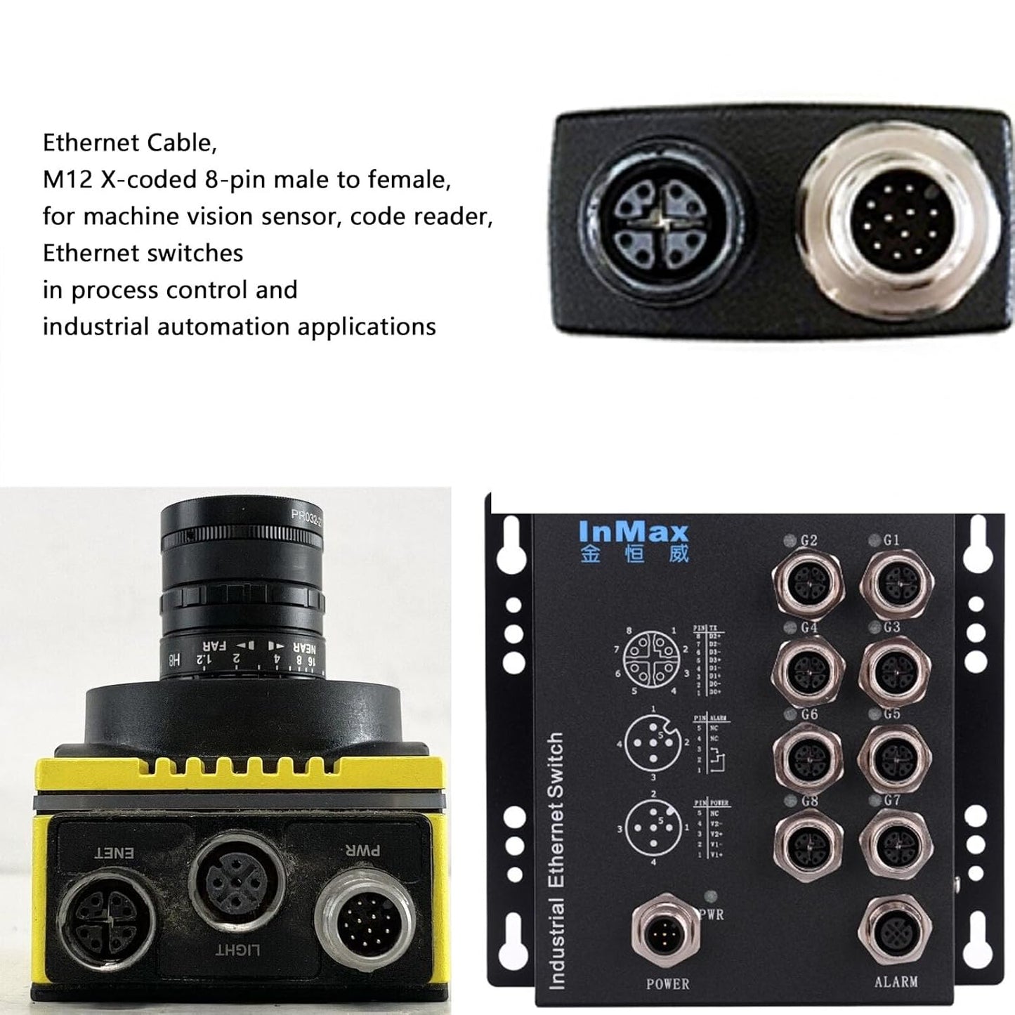 M12 Ethernet 8 Pin X-Code Male to RJ45 CAT-7e Gigabit Cable for Baumer Cognex is 2800 3800 8000 260 470 Reader Camera Sensor (8 Meter)