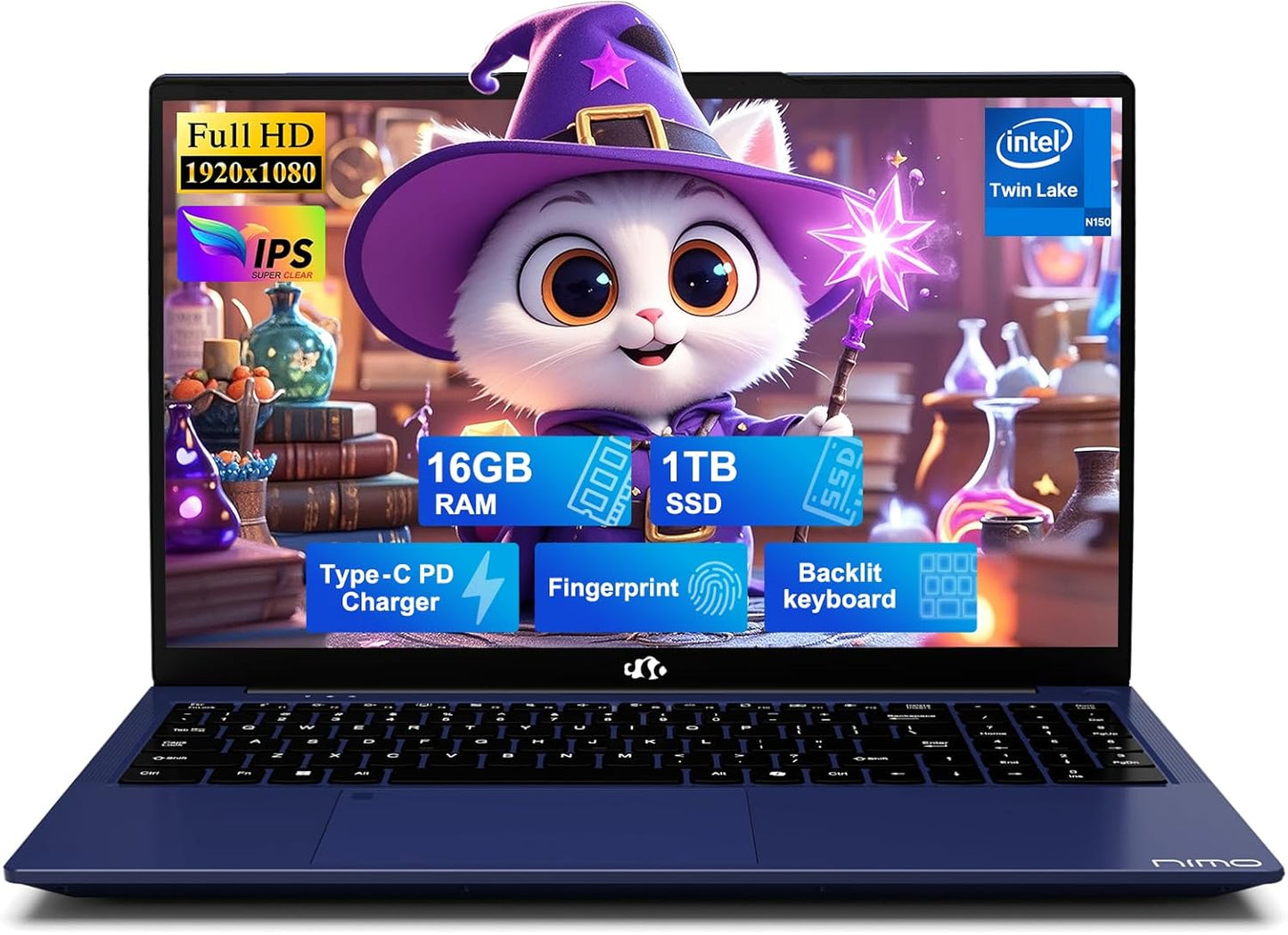 NIMO 15.6" FHD IPS Laptop, Intel N150 (Up to 3.6GHz, Beat i3-10110U), 16GB RAM 1TB SSD, Backlit Keyboard Fingerprint, Wi-Fi 6 BT5.2 Type-C 65W Computer for Students and Home Office
