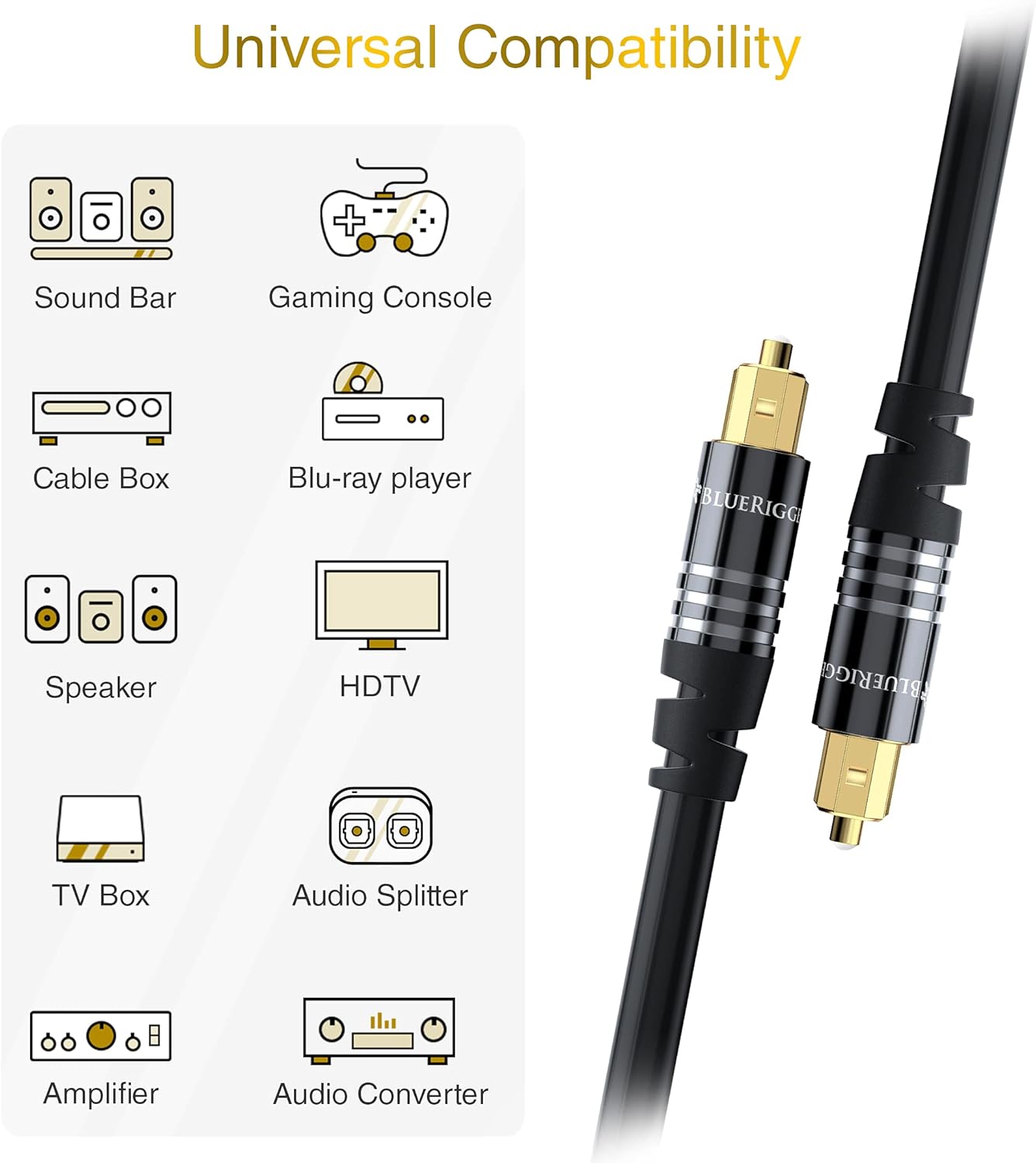 BlueRigger Digital Optical Audio Toslink Cable (3FT, Fiber Optic, Aluminum Shell, 24K Gold-Plated) - Compatible with Home Theatre, Sound Bar, TV, Xbox, PlayStation PS4 – Premium Series