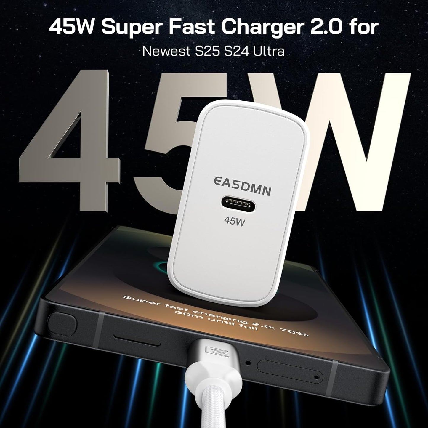 45W Super Fast Charger Type C, [2 Pack] 45 Watt USB-C Charger PD/PPS Wall Charging Block for Samsung Galaxy S25 Ultra/S24/S23 Ultra/S23+/S22 Ultra/S22+/S20 Ultra, Tab S8(White, with 2X 6.6ft Cable)