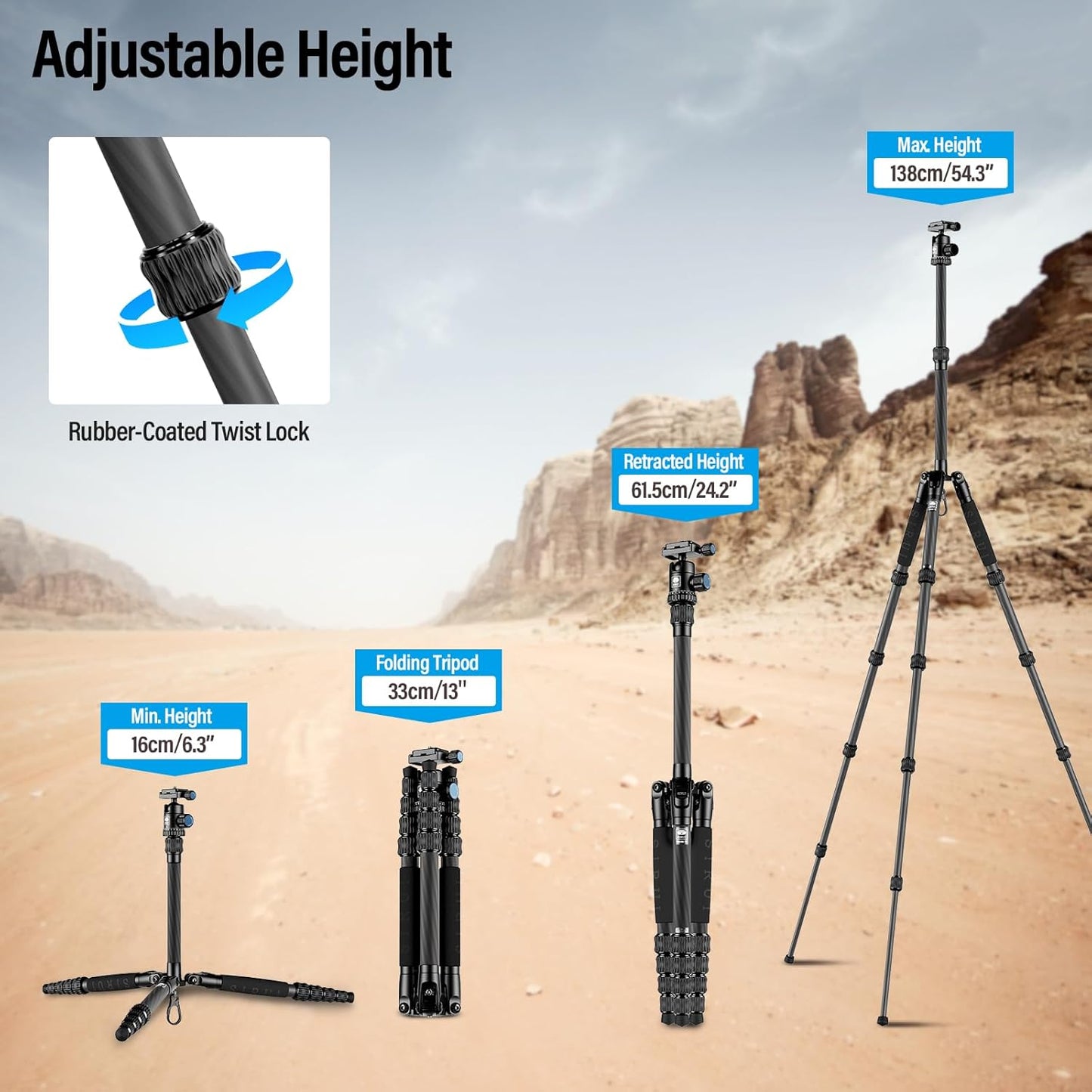Sirui Compact Traveler 5C Tripod 54.3 inches Lightweight Carbon Fiber Travel Tripod for Camera with 360° Panorama Ball Head for Arca Swiss Quick Release Plate, Max Load 8.8lbs