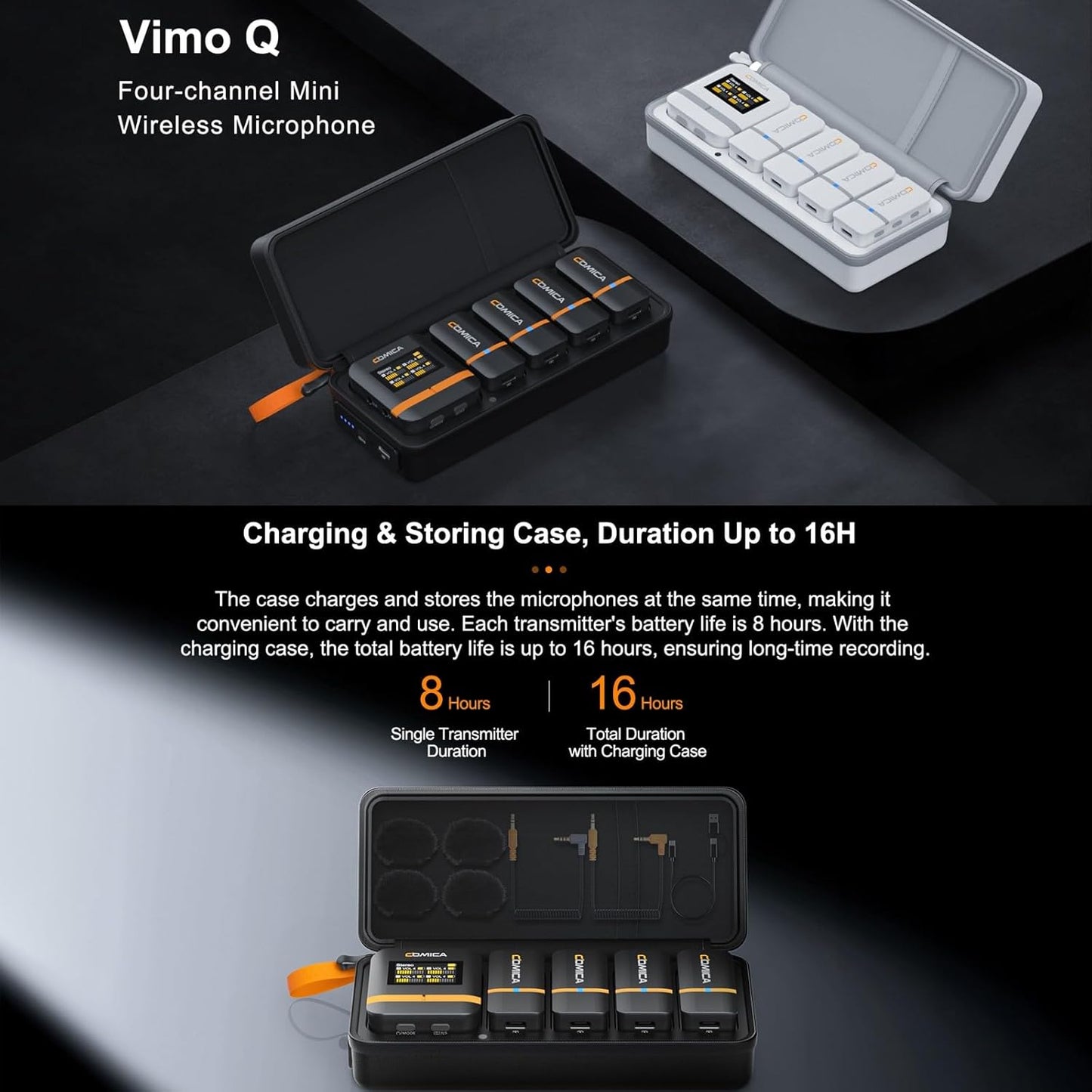 COMICA Vimo Q Four-Channel Mini Wireless Lavalier Microphone System with 4 Transmitters and 1 Receiver with Charging Case for Phone Video Recording Interview Youtubers Vloggers