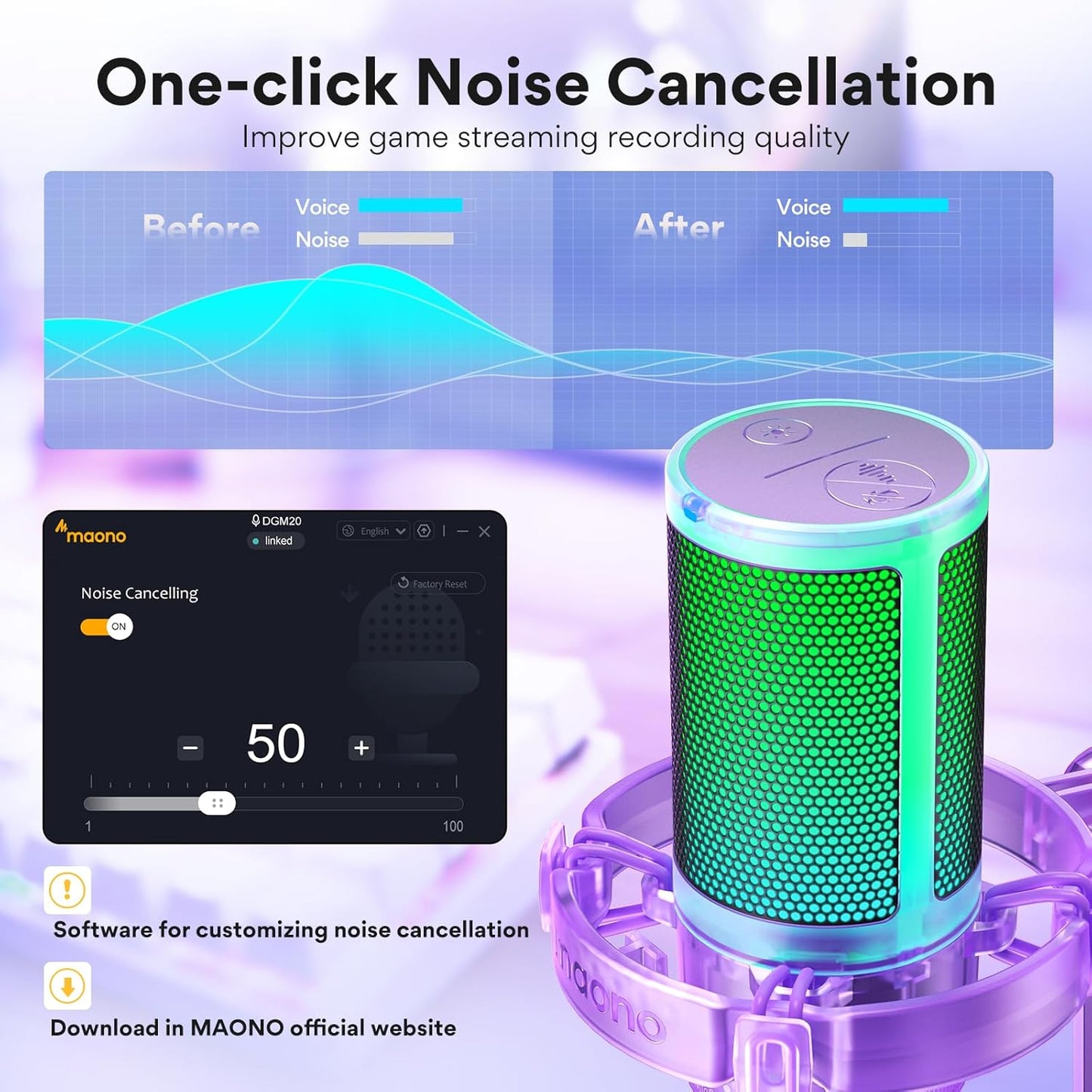 MAONO Gaming Microphone with Noise Cancellation, PC USB Condenser Mic for Computer, Mac, Laptop, PS5, Streaming, Podcast, Twitch, YouTube, Discord, GamerWave DGM20 Purple