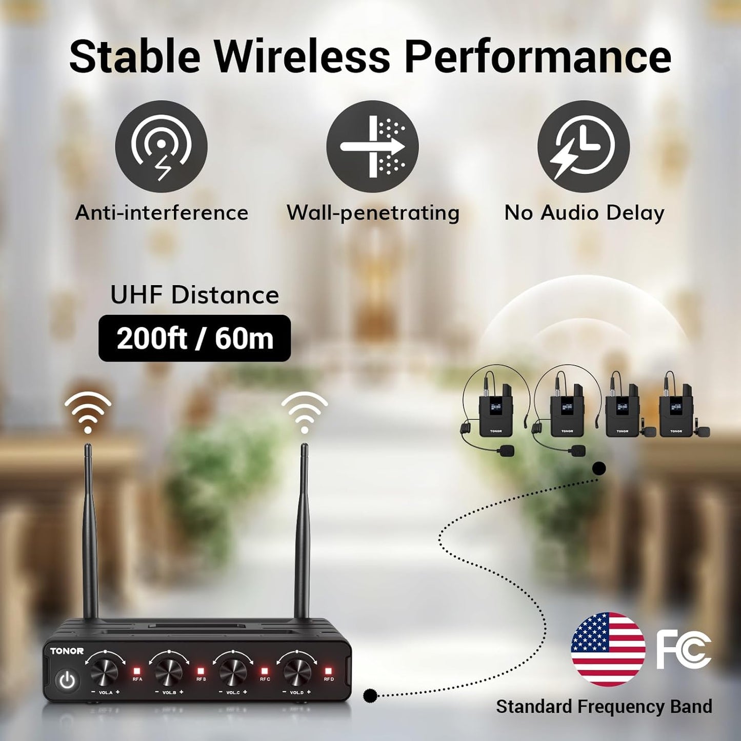 TONOR Wireless Microphones System with UHF Headset/Lavalier Lapel Mics, Bodypack Transmitter, Receiver, 4 * 10 Channels, 200ft Range for Church Conference Performance Singing Karaoke PA Speaker Mixer