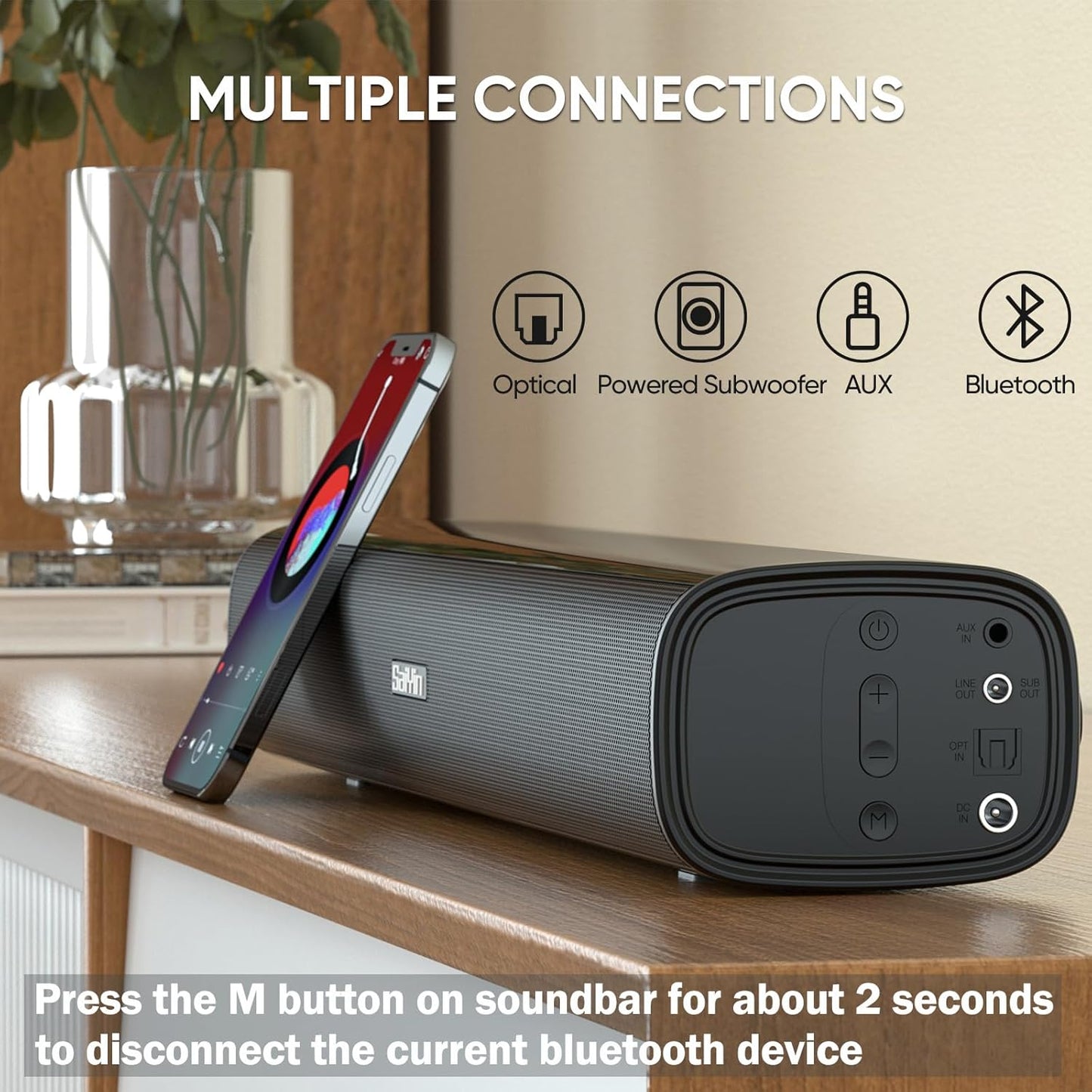 Saiyin Sound Bar,17 inch Sound Bar for Smart TV with Bluetooth 5.3/Optical/AUX Connection, Soundbar for TV/PC/Gaming/Projectors,Wall Mountable & Ultra Compact Design