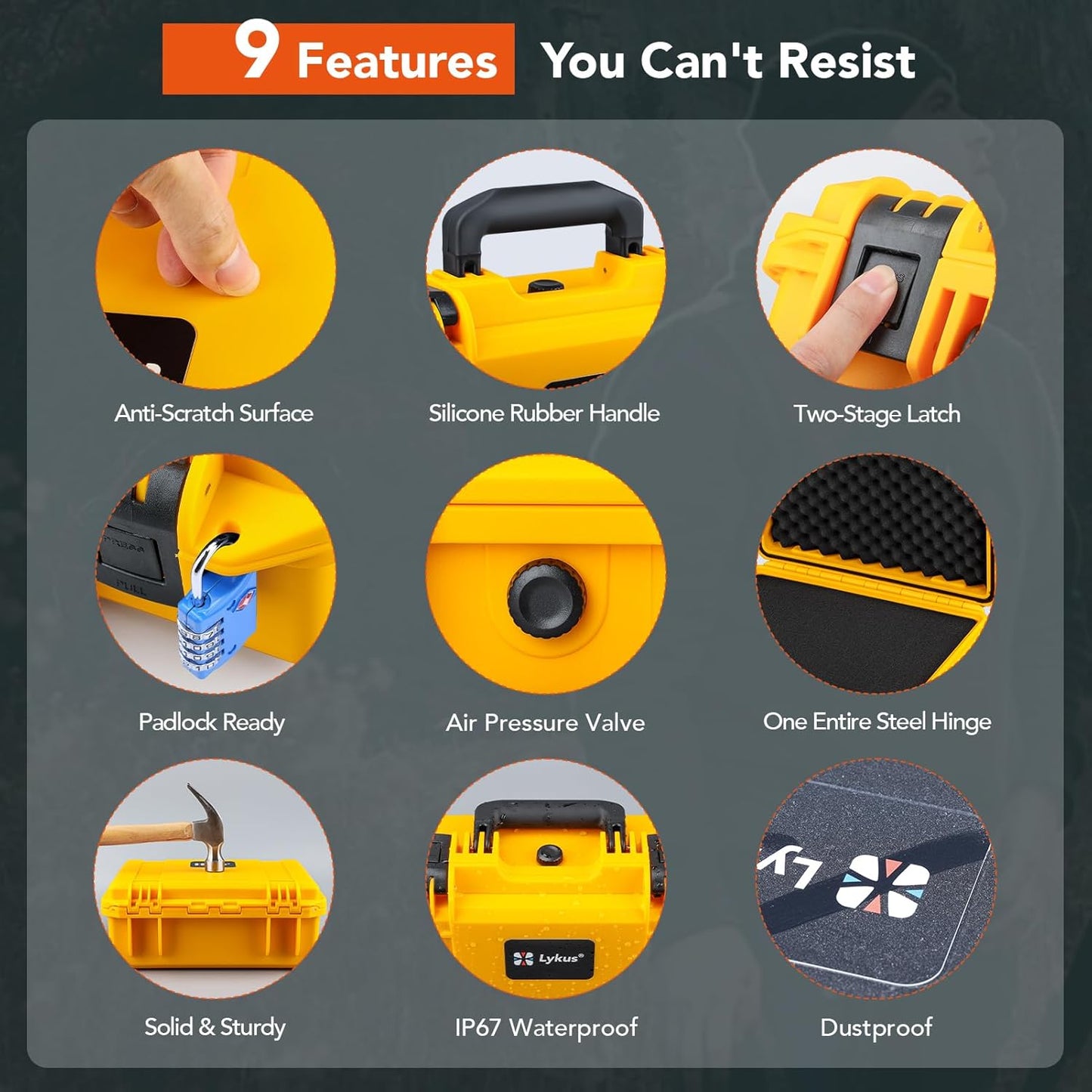 Lykus HC-3010 Waterproof Hard Case with Customizable Foam Insert, Interior Size 11.81x7.87x4.72 in, Suitable for Pistol, Camera, Lens, Drone, Mic, Flashlight, Electronics, Tools, and More