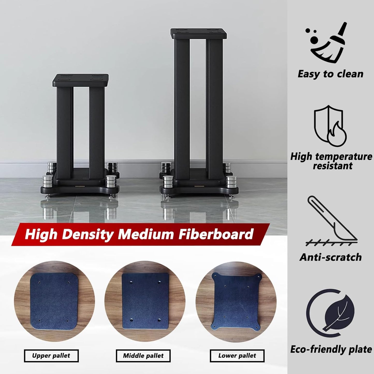 A Pair of Universal Speaker Stands, Heavy Duty Speaker Stands Holds Bookshelf Speaker Satellite Speaker Large Speaker, Vibration-Absorbing MDF Design, Holds 88lbs Speaker (Black, 70cm/27.5in)
