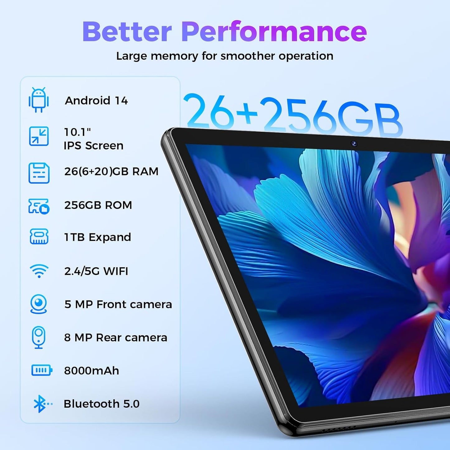 Android Tablet with Keyboard, 26GB RAM, 256GB ROM(1TB Expand), 10.1 inch Android 14 Tablet, 8000mAh Battery, BT 5.0, GMS Certified, 2.4G&5G WiFi, 2 in 1 Tablets with Mouse, Case, Stylus(Pink)