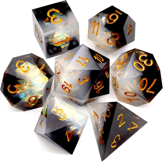 Haxtec Sharp Edge Dice Set DND Dice Black and White Resin Dice Iridecent Mylar Galaxy D&D Dice for RPG Role Playing Compatible with Dungeons and Dragons Gift
