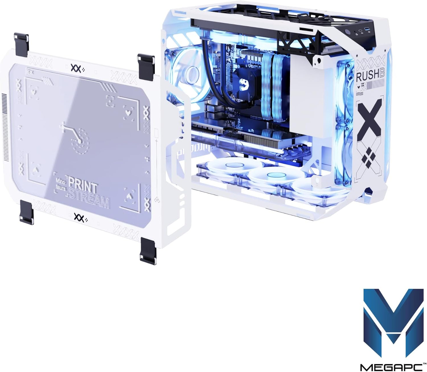 MegaPC X-Era Open-Frame Mid-Tower Micro-ATX/Mini-ITX Gaming Case – Tempered Glass Panels, High Airflow, ARGB Lighting, USB-C Port (Black/White/Print Stream, with Fans Only)