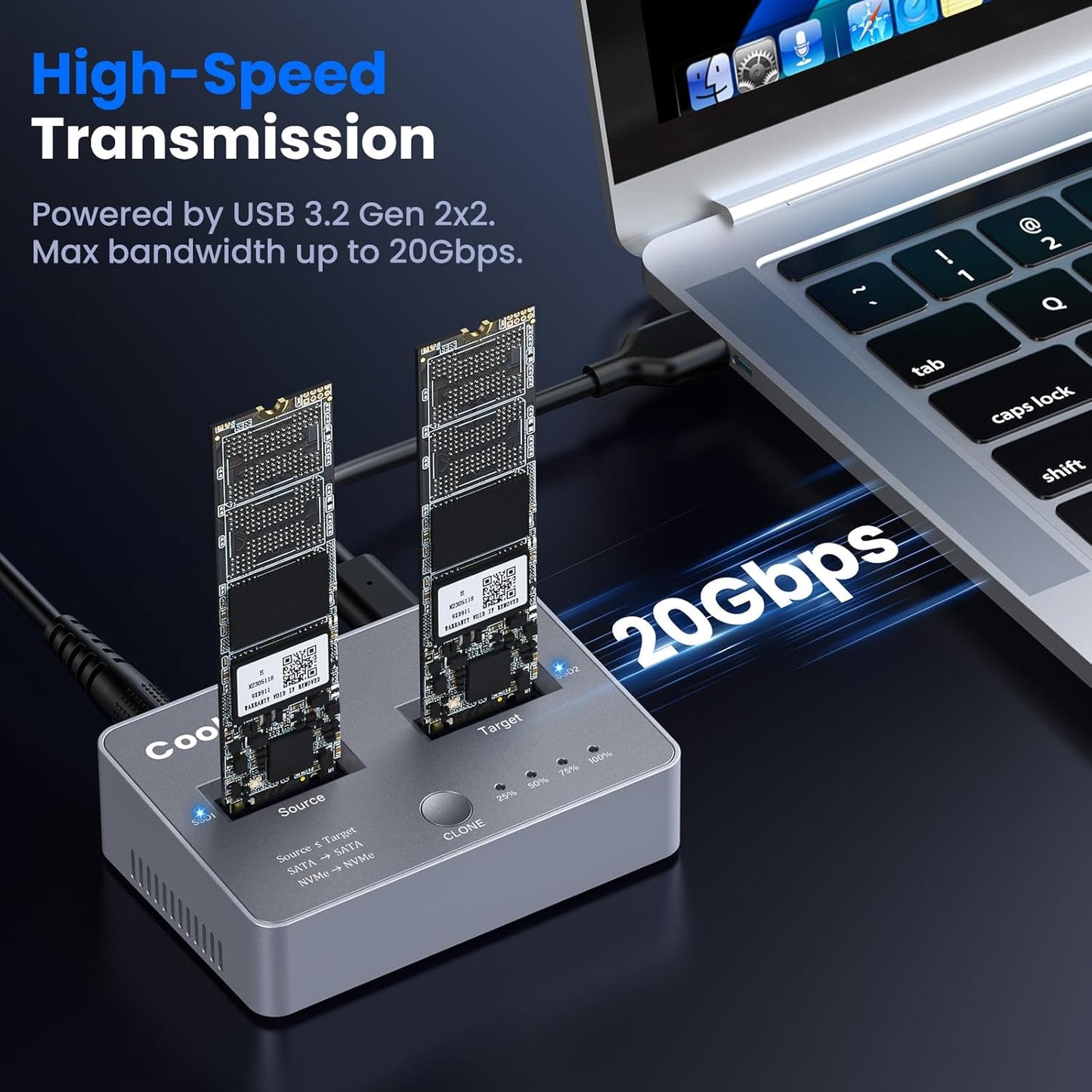 M.2 NVME/SATA Duplicator, Coolpie CR121 Dual-Bay Offline Clone M.2 NVME/SATA Docking Station, USB3.2 Gen2*2 20Gbps M.2 Cloner for SSD Size 2230/2242/2260/2280/22110