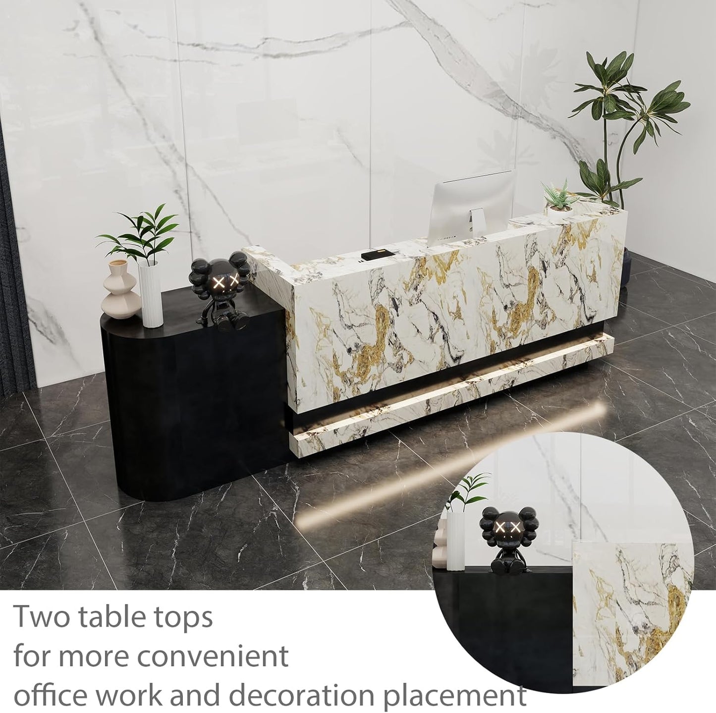 Front Desk Reception Counter - Lockable Storage & Keyboard Tray | Reception Desk with Counter, Customizable Large Counter Table (Black+White, 64'')