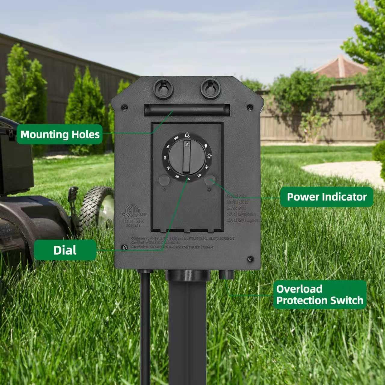 TiFFCOFiO Outdoor Power Strip Timer, Dusk to Dawn Light Sensor Countdown, 25 Feet Extension Cord Waterproof, 6 Grounded Outlets for Halloween and Christmas Decorations, ETL Listed (25 FT)