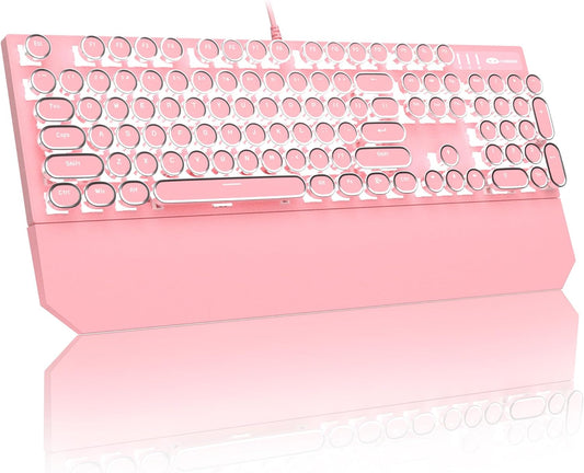 MageGee Typewriter Mechanical Gaming Keyboard, Retro Punk Pink Round Keycaps, 104 Keys LED White Backlit Wired Keyboards for Laptop MAC PC Gamer, with Magnetic Wrist Rest, Blue Switch