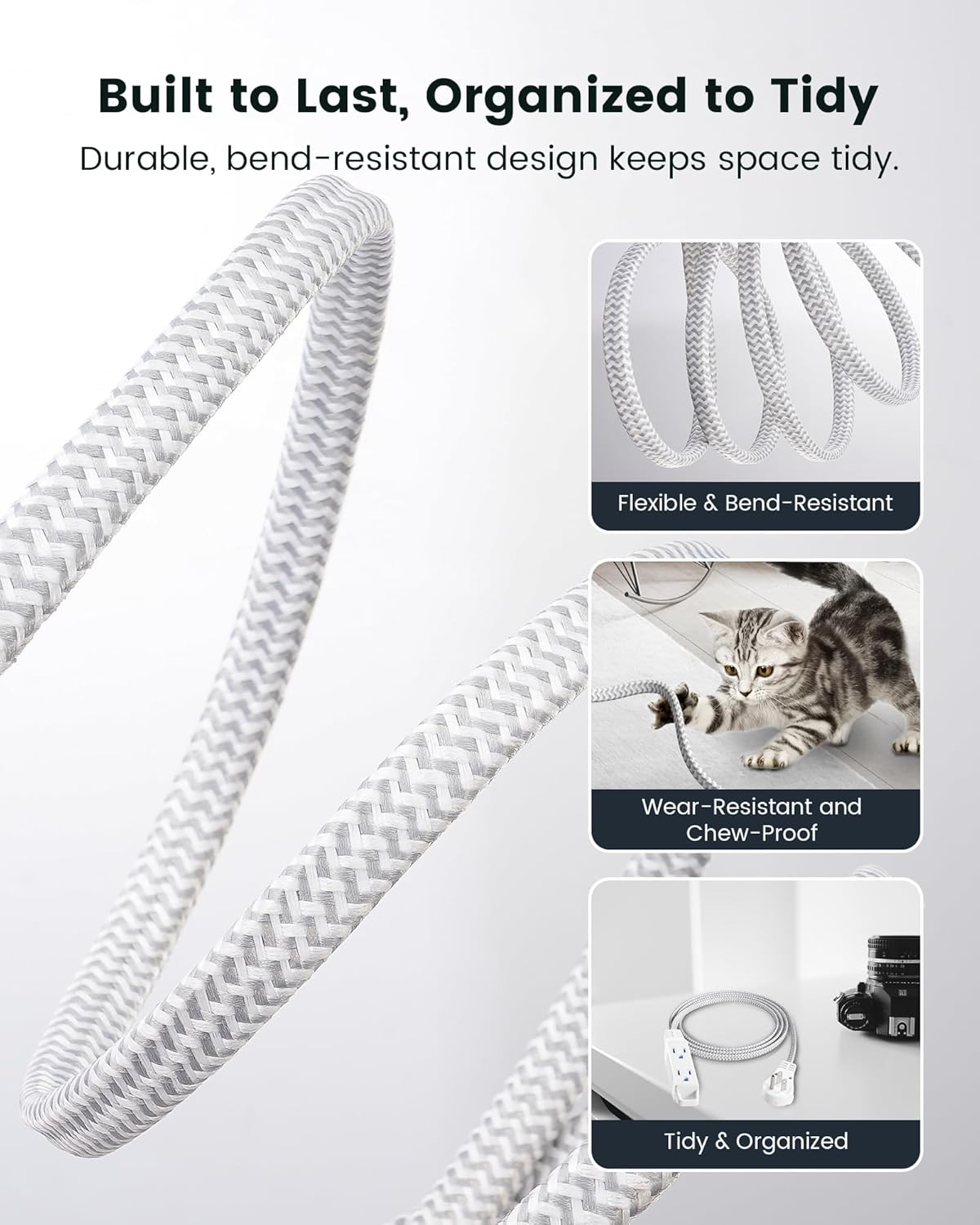 SURAIELEC 6FT Flat Extension Cord with 360° Rotating Plug, Braided Flat Plug with 3 Outlets, 16 AWG Thin White Extension Cord for Indoor Use, Home, Office, Compact Spaces, ETL Listed