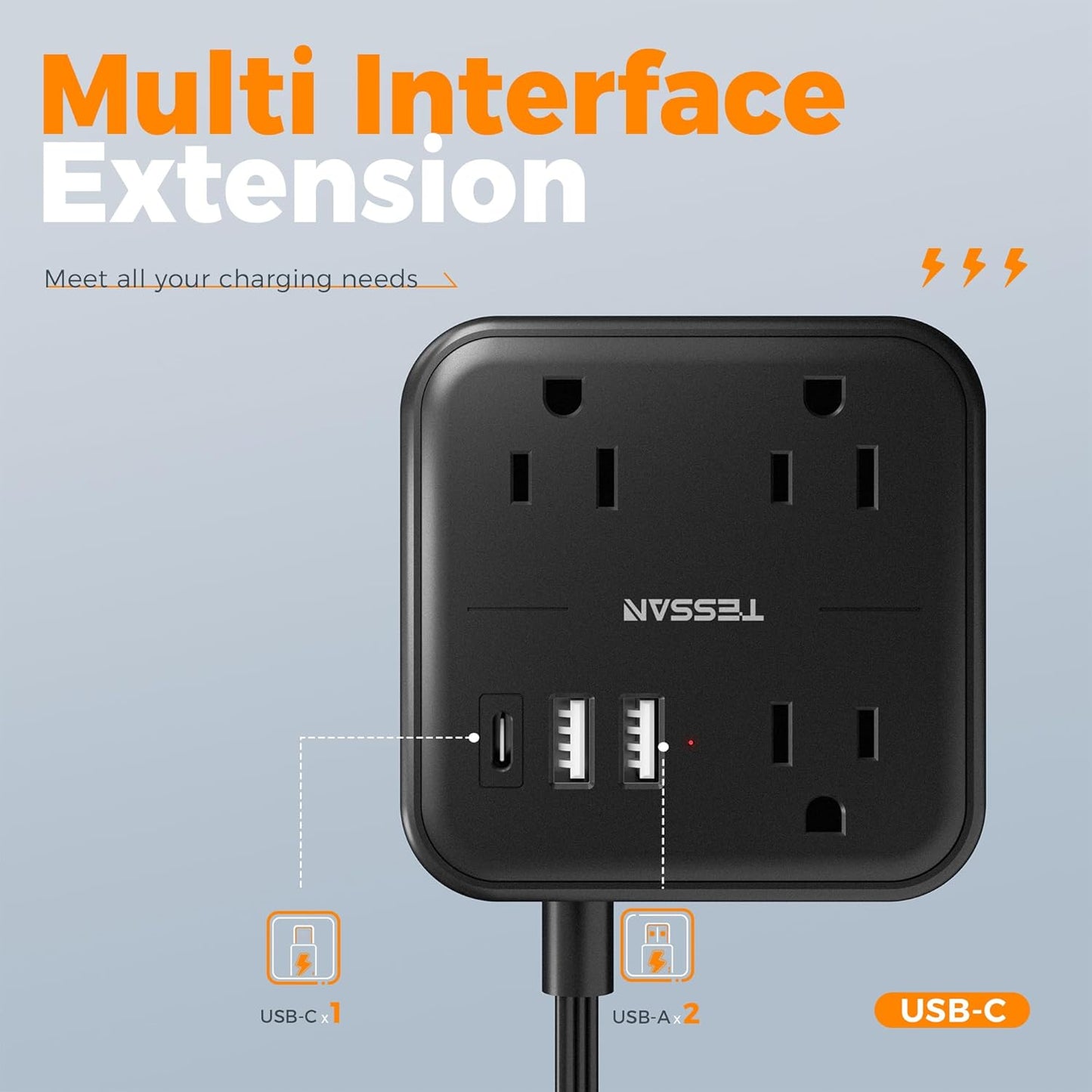 Surge Protector Power Strip, TESSAN Flat Extension Cord 5 FT with USB Ports (1 USB C) and 3 Outlets, Ultra Thin Flat Plug Wall Charger for Home, Office, School, Dorm Room Essentials, Black