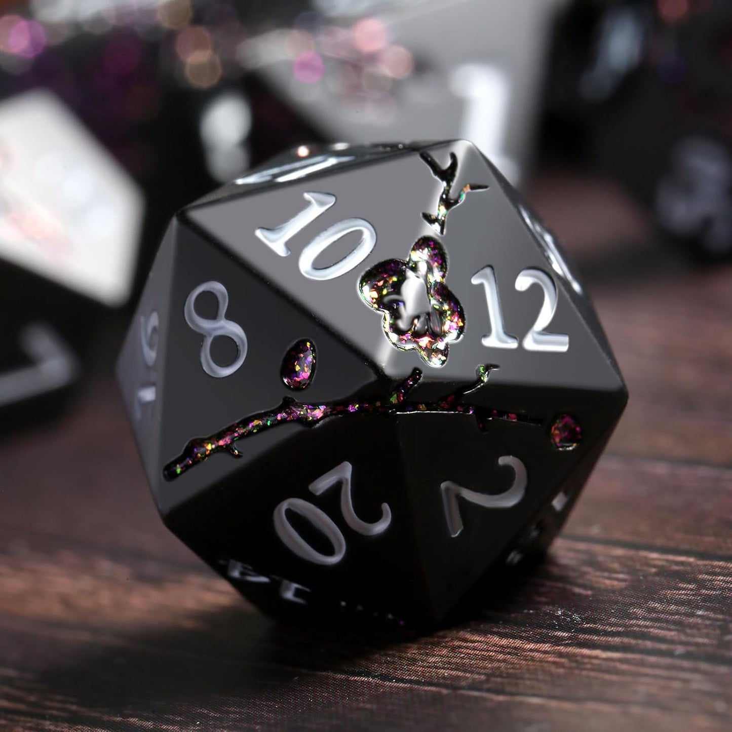 Glitter Purple Metal D&D Dice, DNDND 7 PCS Flower Metallic DND Dice Set with Gorgeous Gift Case for Dungeons and Dragon Tabletop Game (Matte Black with Glitter Purple Flower)