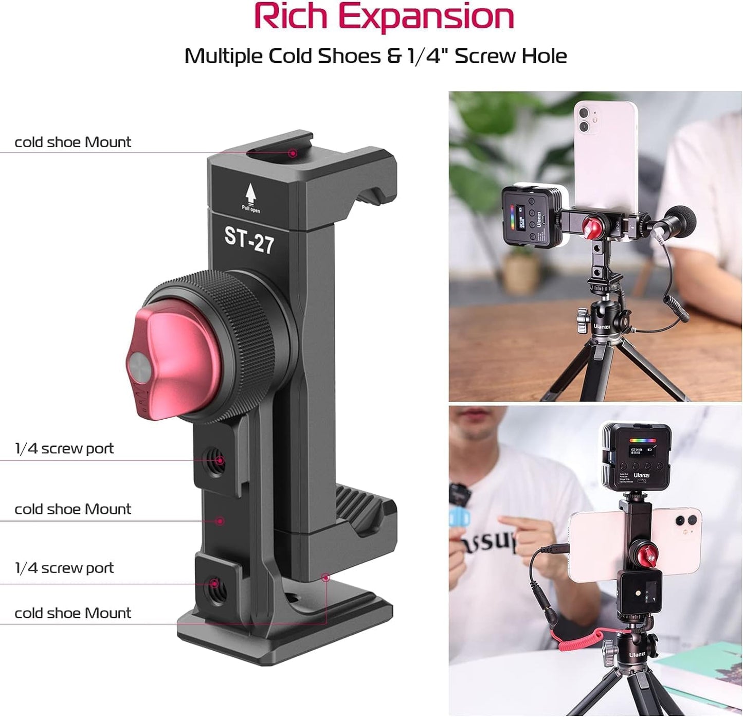 ULANZI ST-27 Phone Tripod Mount, 360° Metal Phone Holder for Tripod w 3 Cold Shoes & Arca Port, Versatile Smartphone Adapter for iPhone 17 16, Desktop Tripods, and Live Streaming/Vlogging Setup