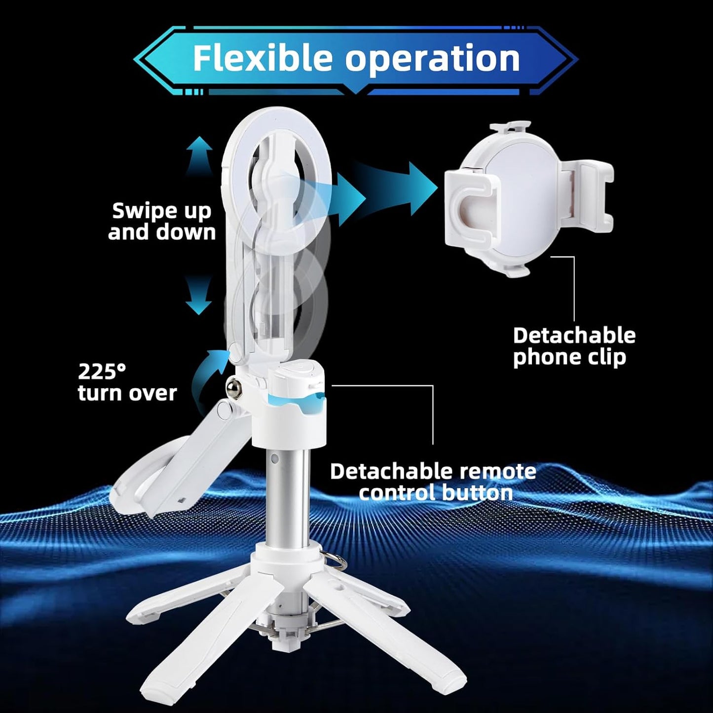 MQOUNY for Magsafe Tripod Stand for iPhone,Portable Pocket Size Selfie Stick with Rechargeable Remote and Metal Ring,Extendable Detachable Cell Phone Tripod Compatible with iPhone/Android (White)