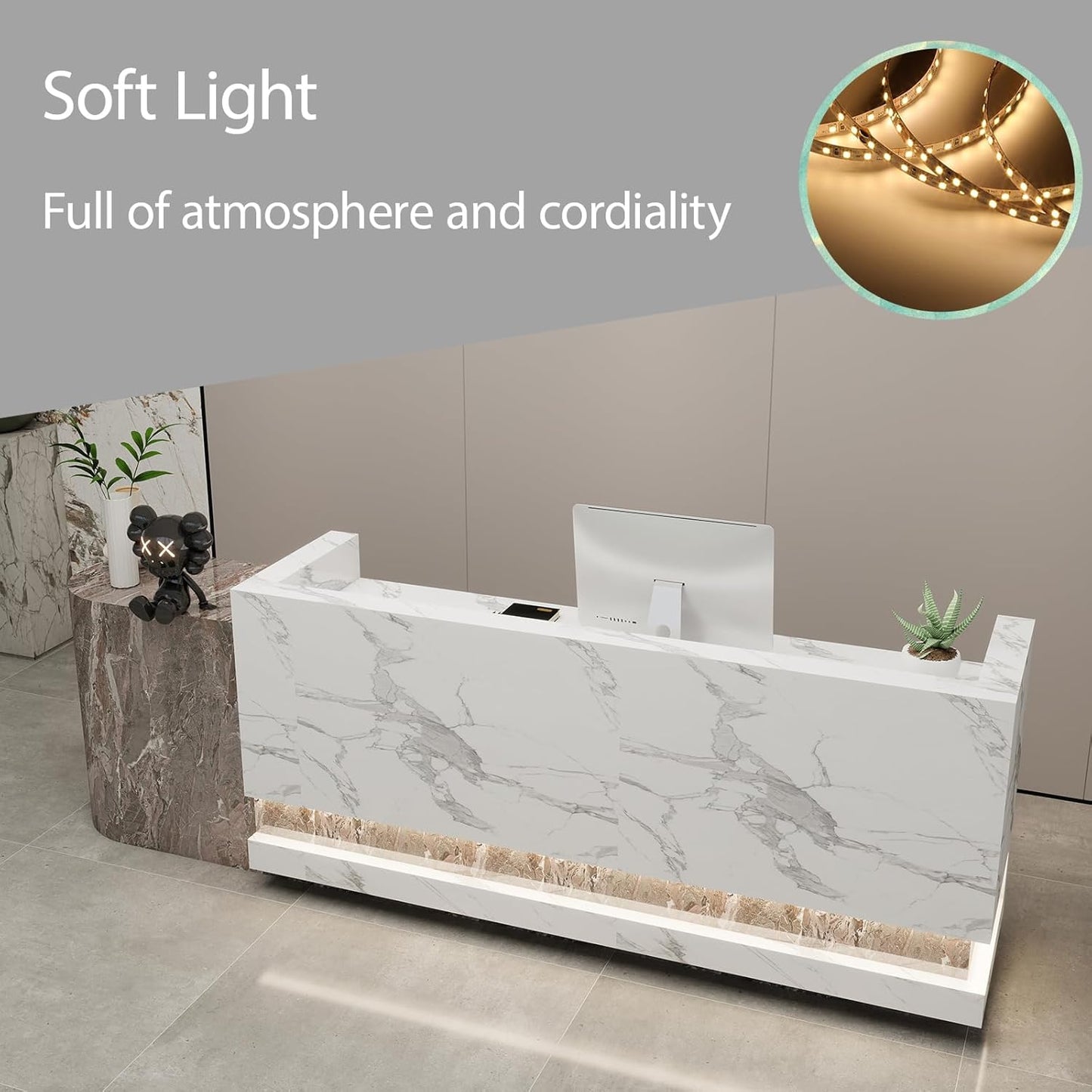 Front Desk Reception Counter - Lockable Storage & Keyboard Tray | Reception Desk with Counter, Customizable Large Counter Table (Grey+White, 76'')