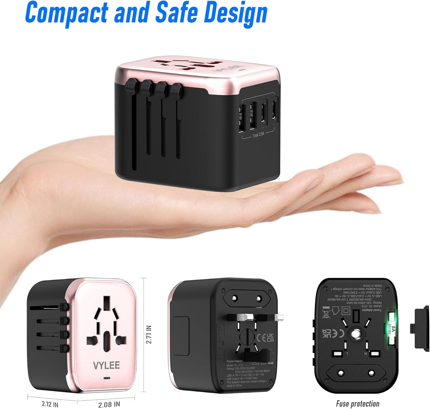 Universal International Power Travel Plug Adapter, 5 in 1 European Travel Plug Adapter W/ 3.5A 2xUSB-A and 2xUSB C Wall Charger and Worldwide AC Outlet for Europe USA UK AUS(Rose Gold)