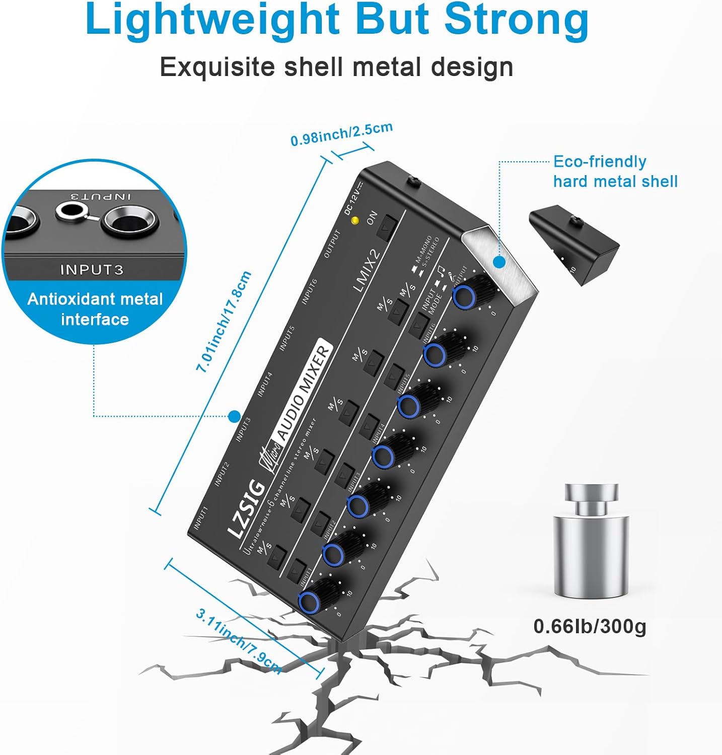 LZSIG Mini Audio Mixer,Stereo Line Mixer for Sub-Mixing,Ultra Low-Noise,6-Channel,Microphone Independent Control, 1/4" & 1/8" TRS Output and Input, for Guitars,Bass,Keyboards