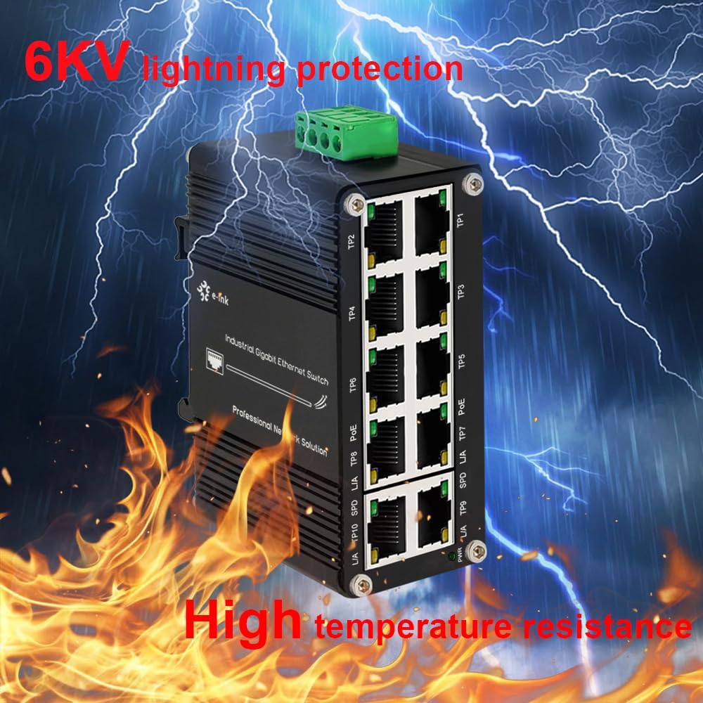 Mini Industrial 8-Port 10/100/1000T 802.3at PoE + 2-Port 10/100/1000T Din Rail Mount Compact Ethernet Switch, 48~57V DC Unmanaged Network Switch 20Gbps Switching Capacity