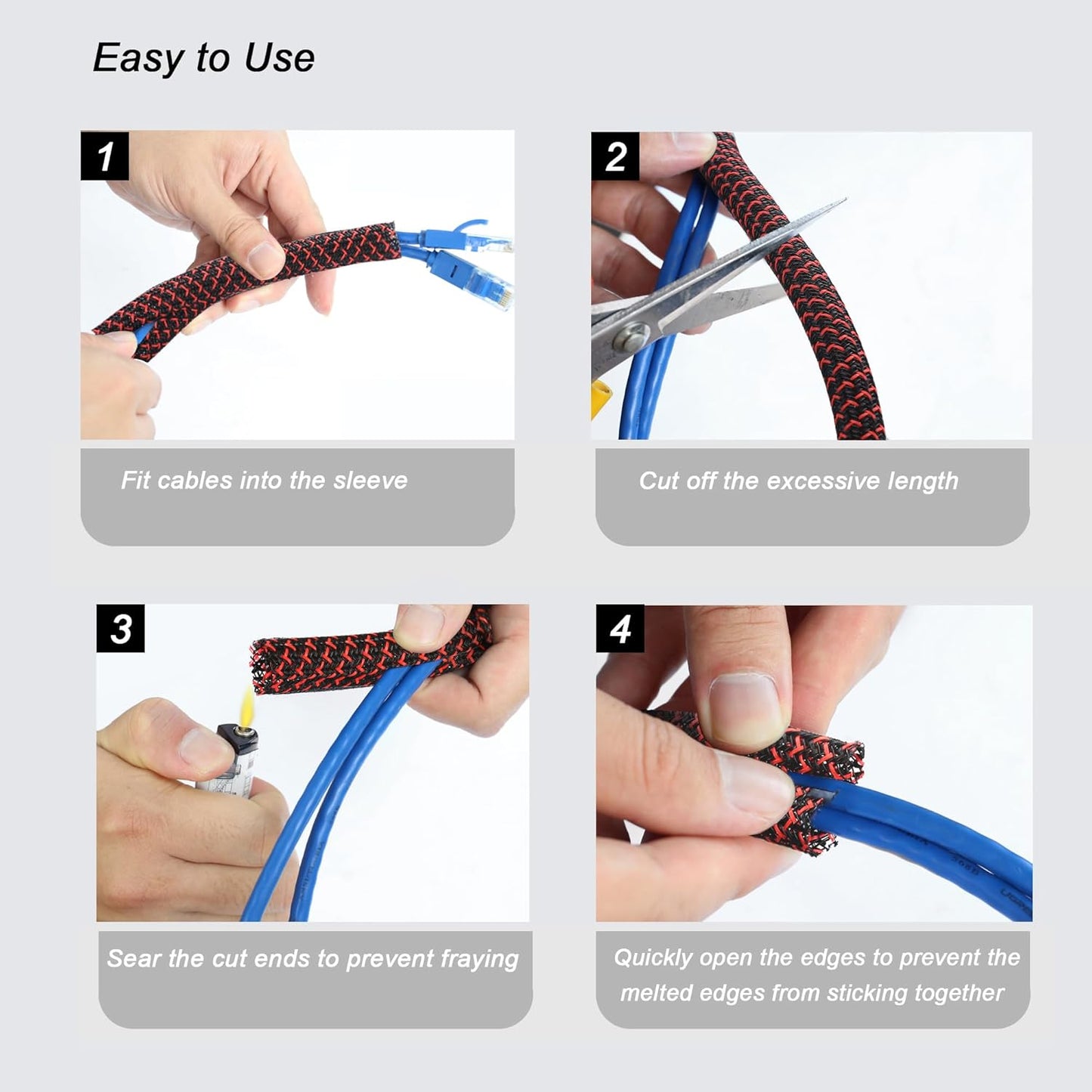 CrocSee 10ft - 1/2 inch Braided Cable Management Sleeve Cord Protector - Self-Wrapping Split Wire Loom for TV/Computer/Home Theater/Engine Bay - Black/Red