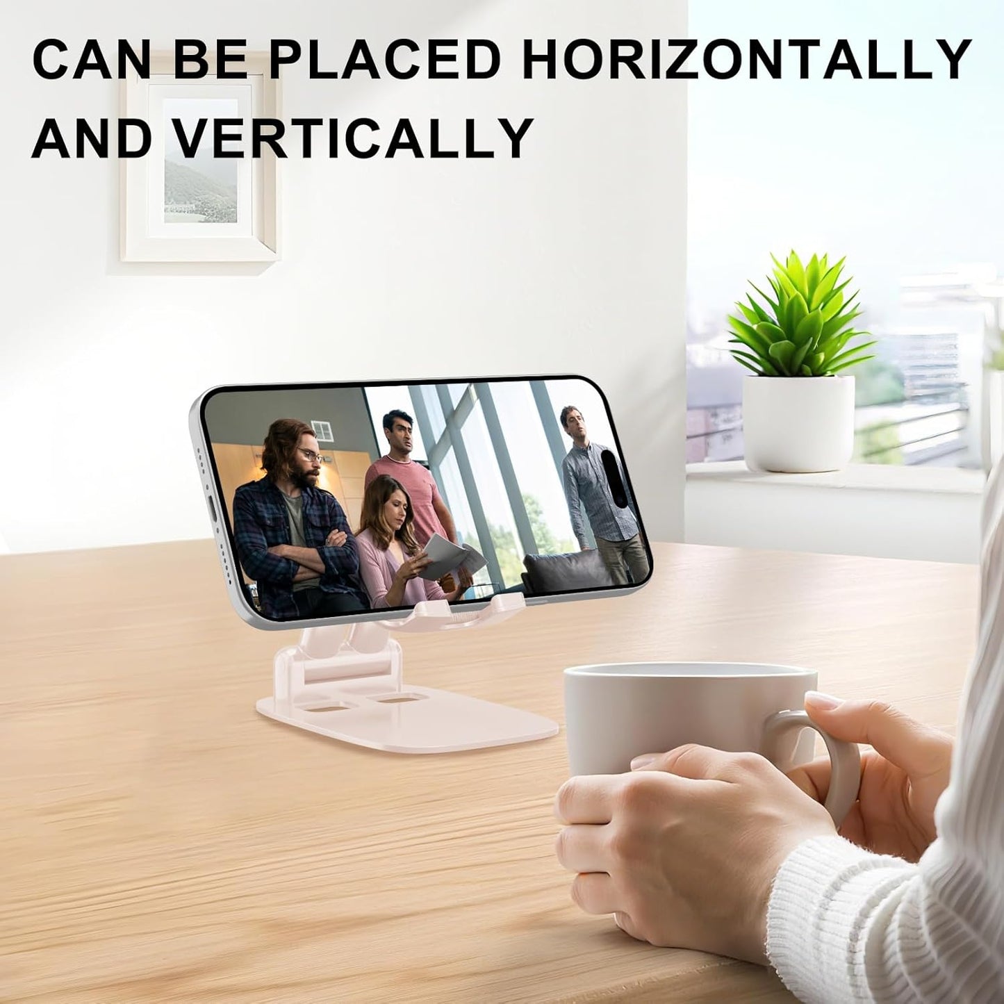 DEERLAMN Cell Phone Stand for Desk, Height Adjustable Cell Phone Holder Portable Desktop Stand, Travel Home Office Desk Accessories Compatible with iPhone 16/15/14/13/12/11 All Smartphone - Pink