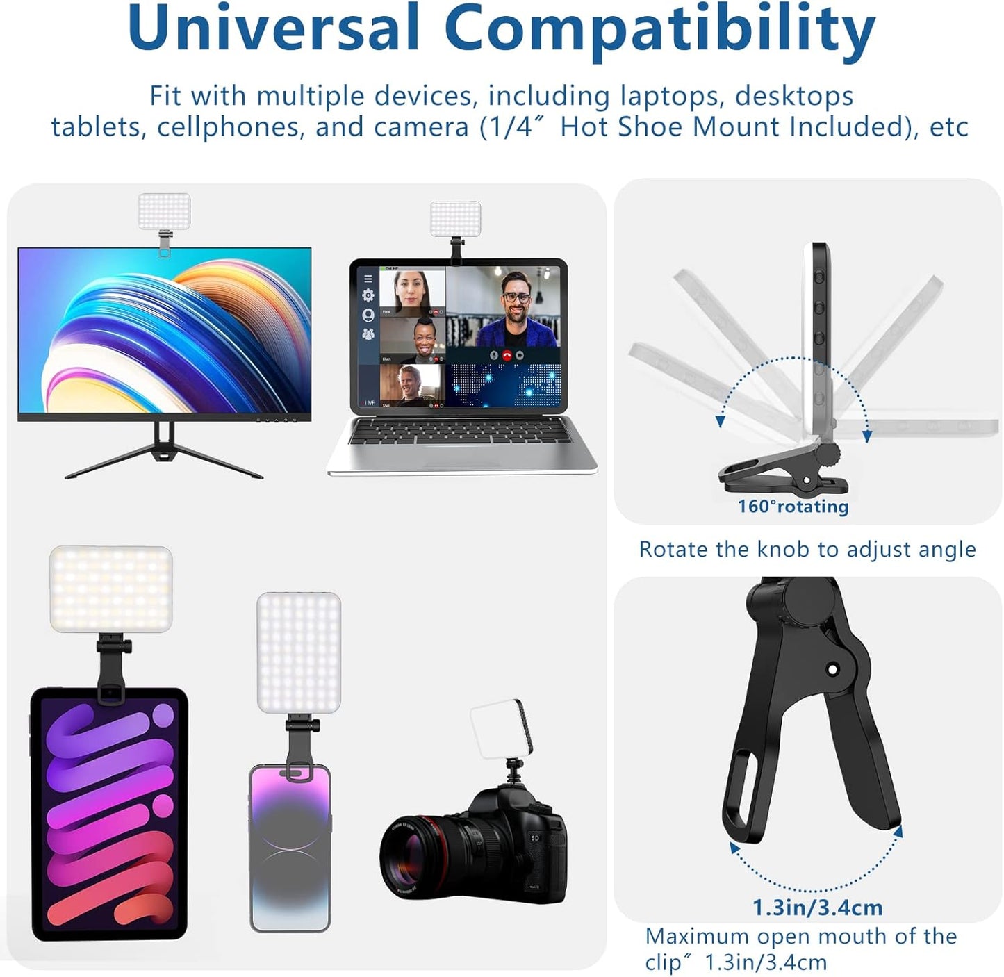 60 LED Portable Selfie Light Video Conference Lighting with Clip & Camera Tripod Adapter Rechargeable 2200mAh CRI 97+, 3 Light Modes for Phone iPhone Webcam Laptop Photo Makeup