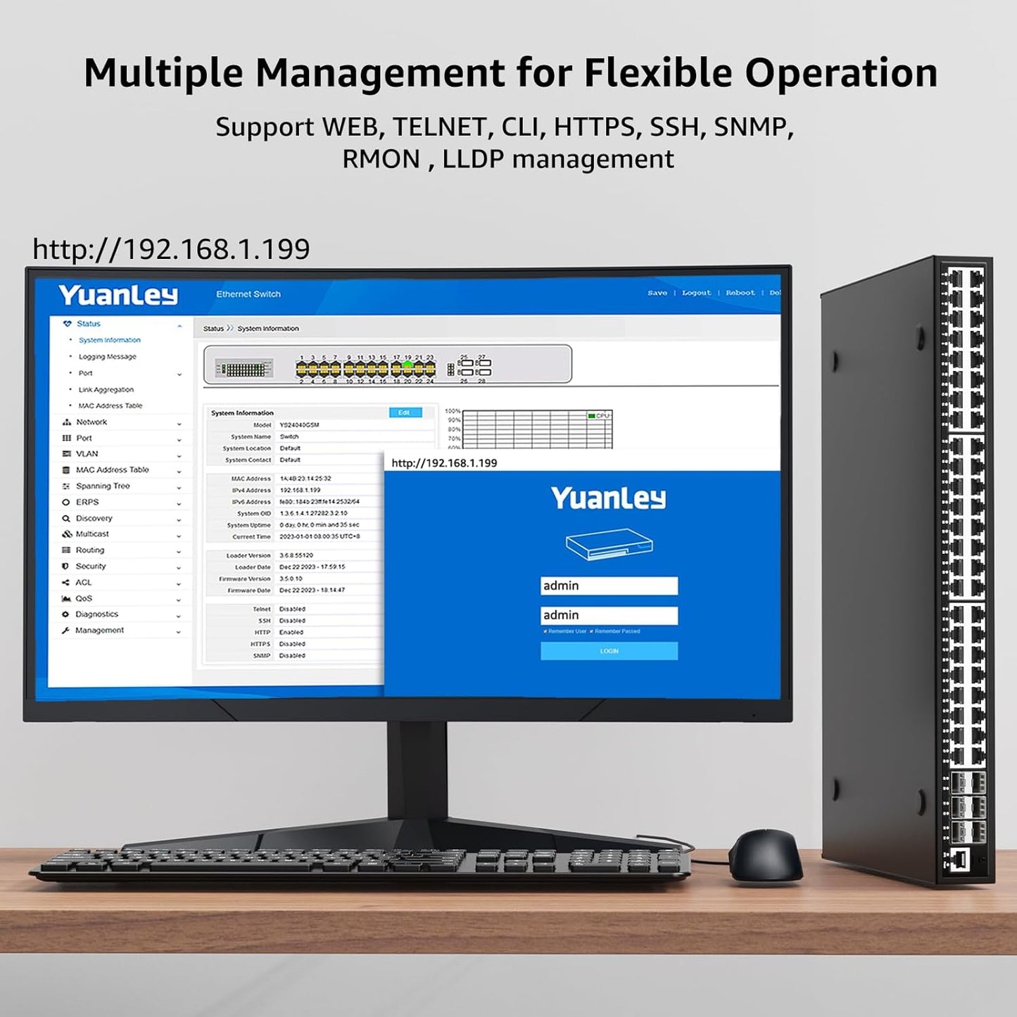YuanLey 48 Port Gigabit Managed PoE Switch with 48 10/100/1000Mbps PoE+ Ports, 6X 10Gbps SFP+, L3 Smart Managment Ethernet Switch, VLAN, QoS, ACL, SSL, Fanless, Rackmount Network Switch