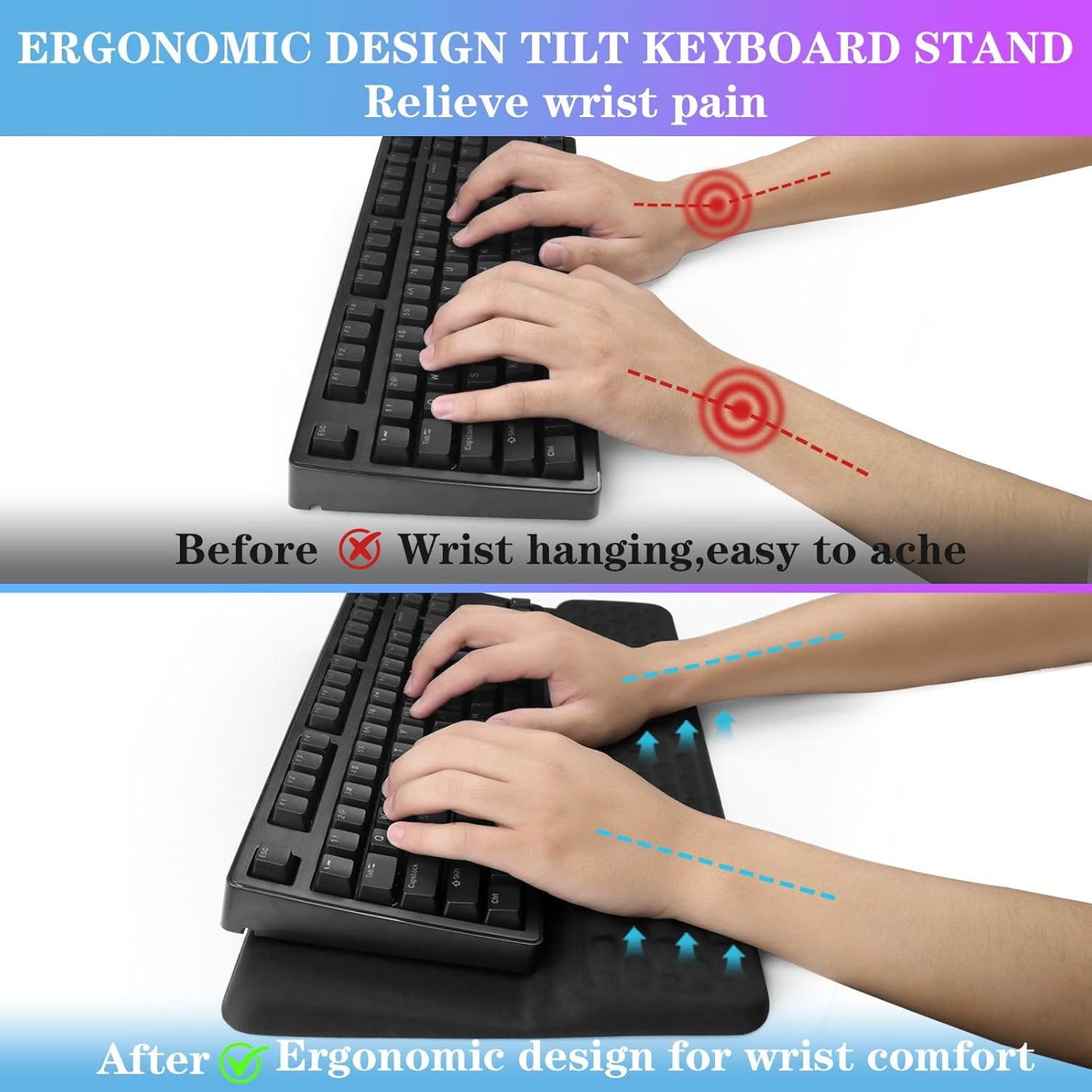 Computer Keyboard Stand Pad with Wrist Rest, Ergonomic Comfy Tilted Keyboard Stand Riser Holder Pad for Office Home (Black)