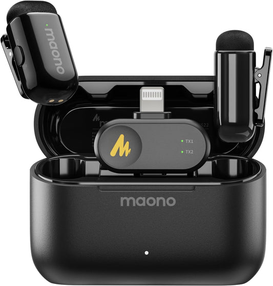 MAONO Wave T1 Mini Wireless Lavalier Microphone for iPhone iPad with MFi Certified Lightning Plug, Noise Cancellation, AI Voice Filter, 30H Used with Charging Case for Video Recording Vlog TikTok