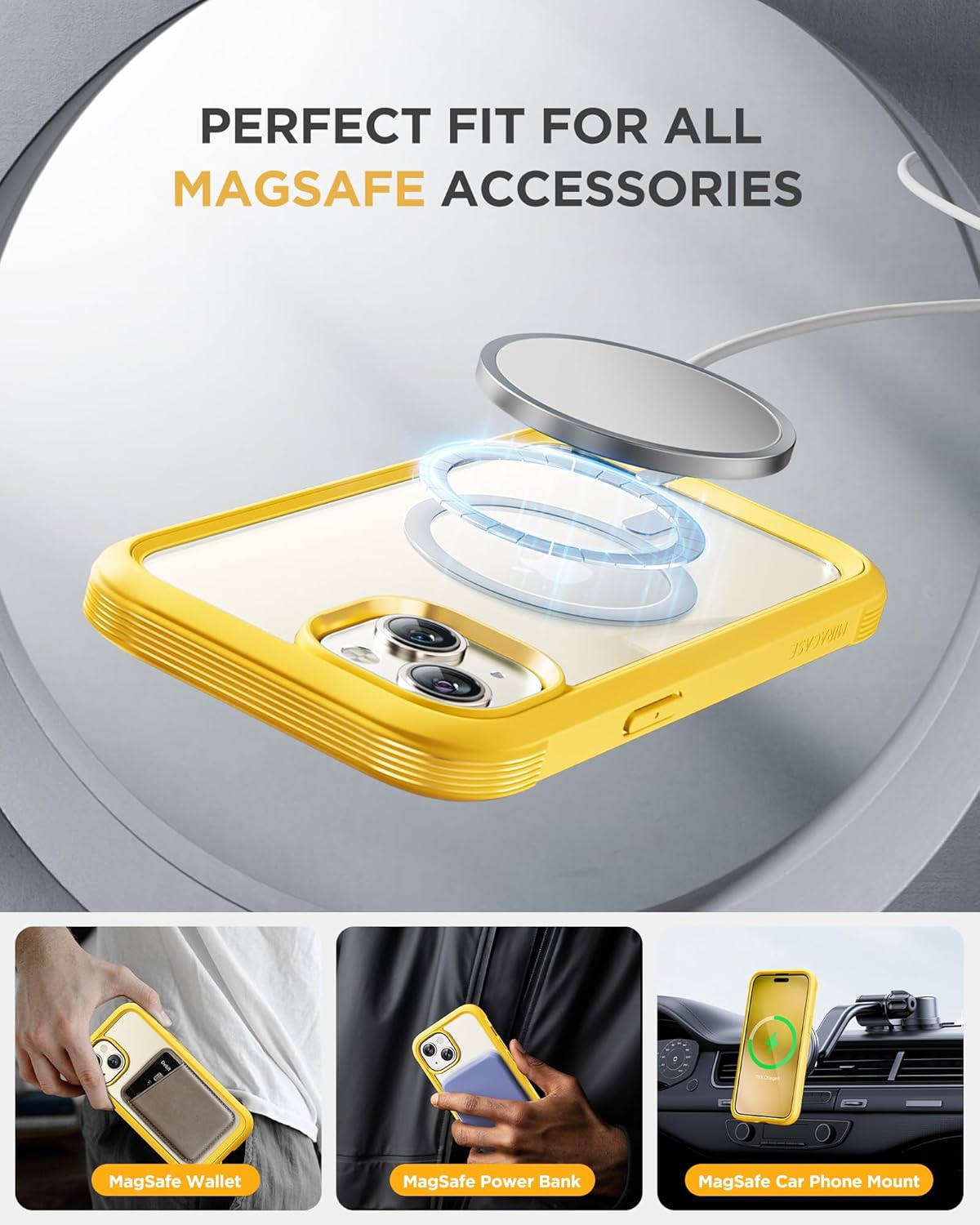 Miracase Magnetic for iPhone 15 Plus Case 6.7'' [Compatible with Magsafe] only for 15 Plus Phone Case Cover with Built-in 9H Tempered Glass Screen Protector,Magnetic Yellow