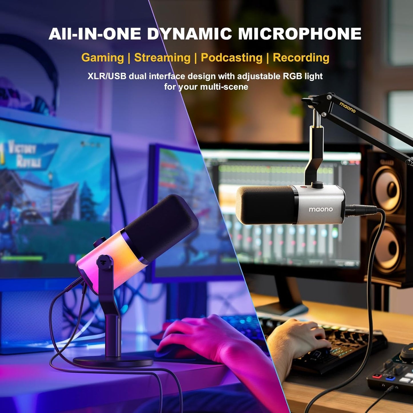 MAONO Dynamic Gaming Microphone: USB/XLR Streaming Mic for PC Podcast Recording, Custom Software, RGB, Mute Button, Gain Knob, 48kHz/24bit Studio Desktop Mic for YouTube Video Creation -PD100X RGB