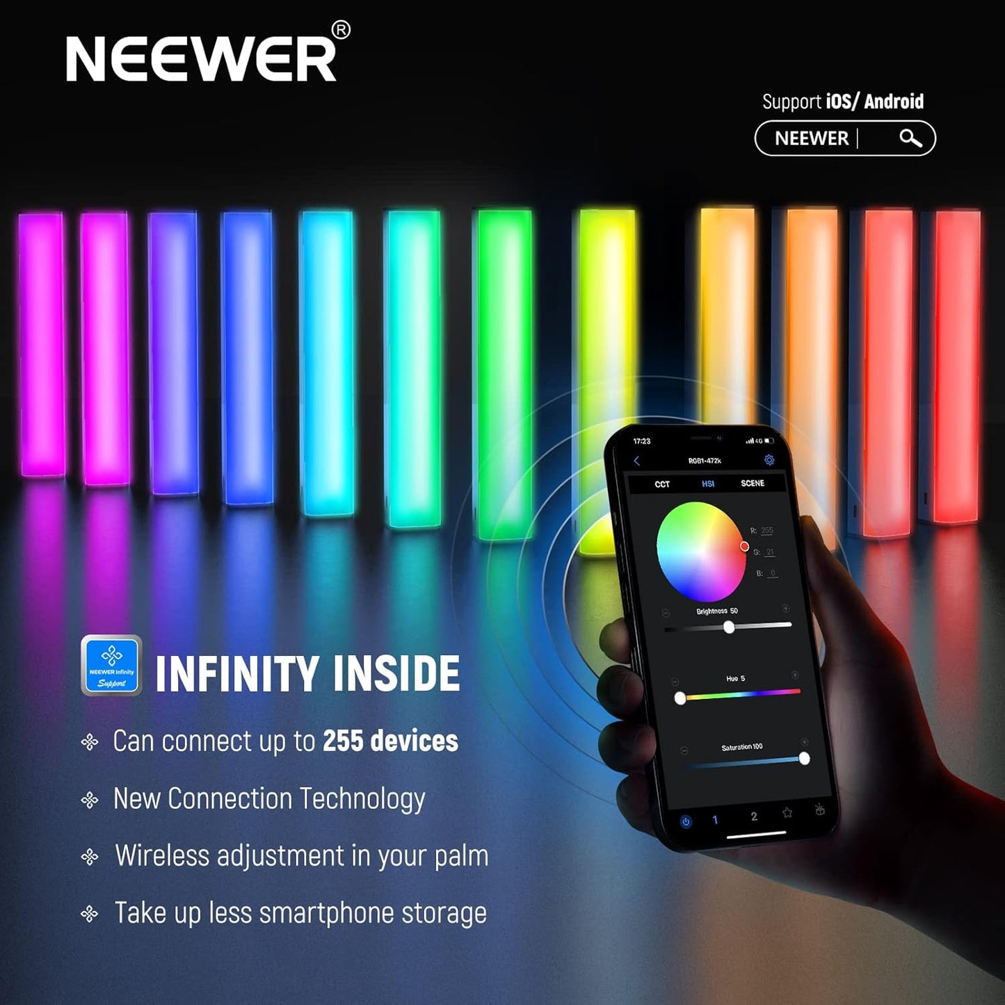 NEEWER RGB LED Video Light Stick, Touch Bar&APP Control, Magnetic Handheld Photography Lighting Wand, Dimmable 3200K~5600K CRI98+ Full Color LED Light with 6400mAh Battery, 17 Scenes, RGB1 (Rose Gold)