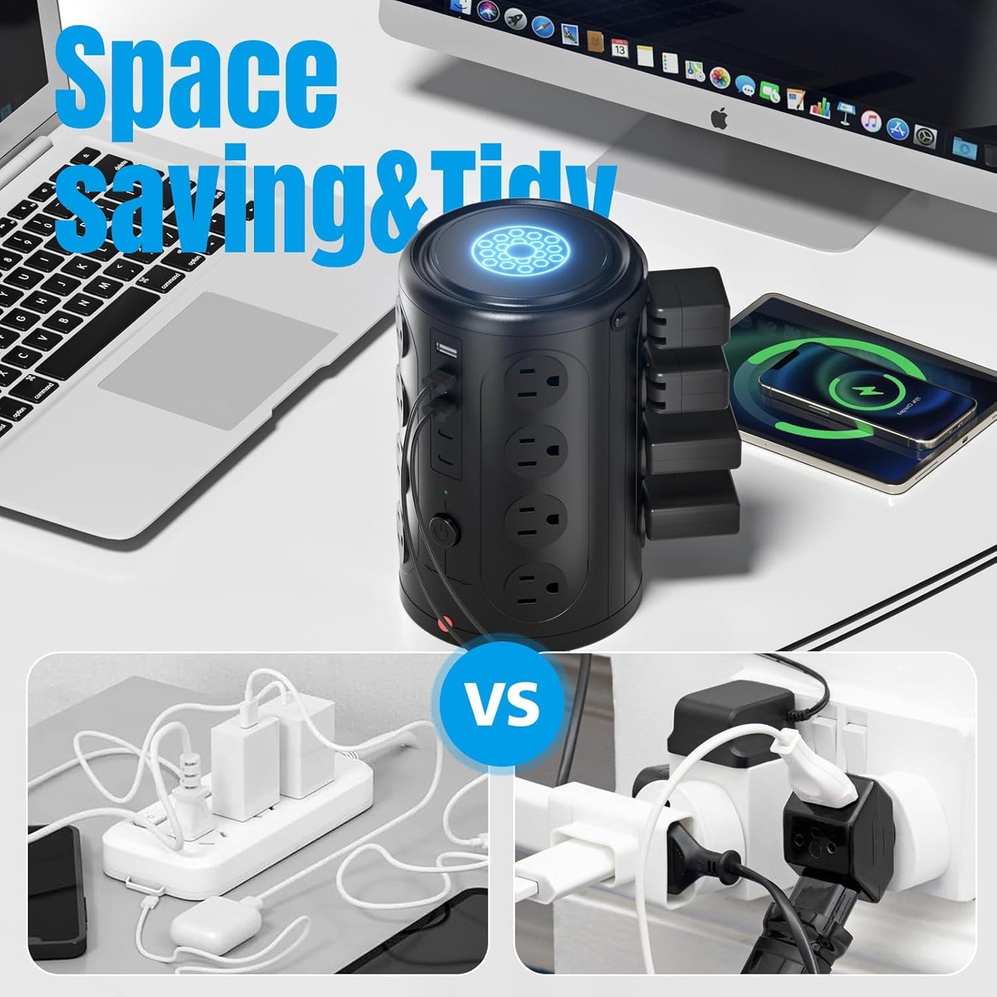 Surge Protector Power Strip,Desk Charging Station with 15W Wireless Charger, Multiple Outlets Charging Station with 16 AC Outlets & 5 USB (2 USB C) Port, for Home, Office, Dorm Room（10FT）