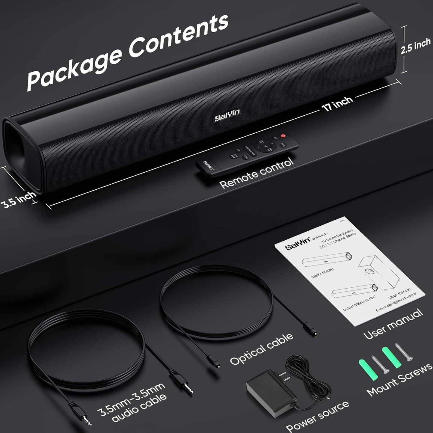 Saiyin Sound Bar,17 inch Sound Bar for Smart TV with Bluetooth 5.3/Optical/AUX Connection, Soundbar for TV/PC/Gaming/Projectors,Wall Mountable & Ultra Compact Design