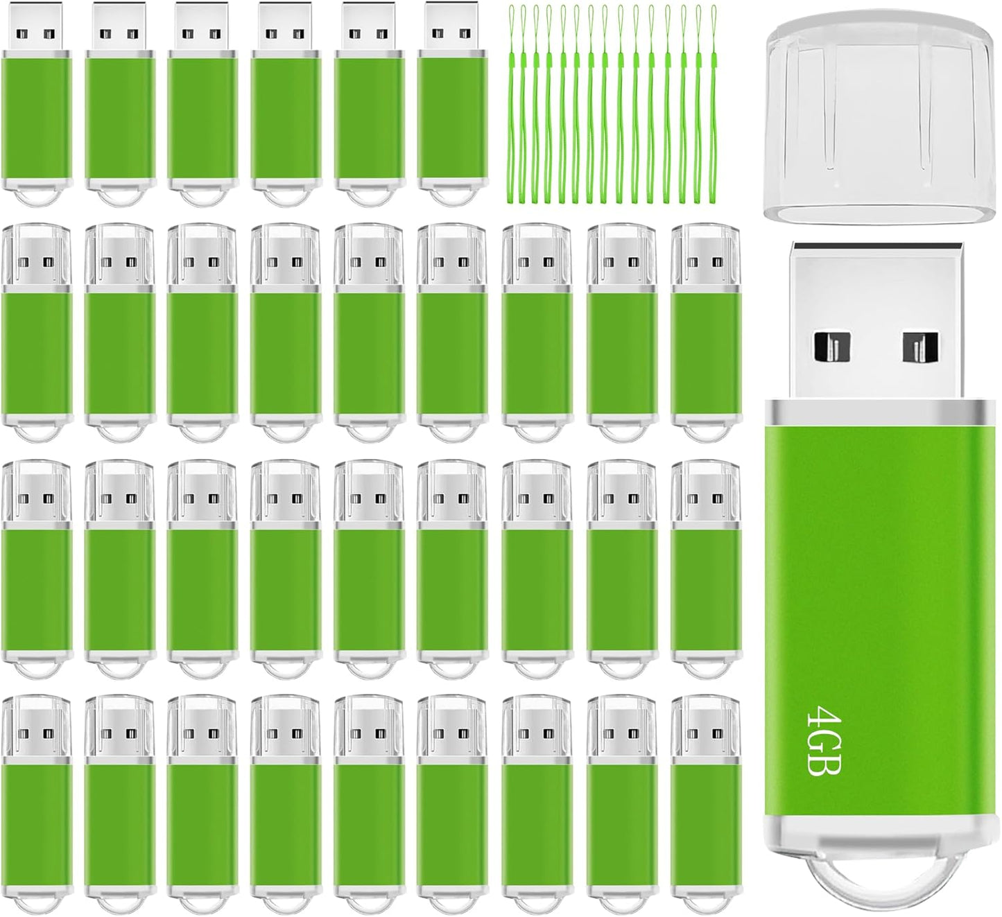 Memorias USB 4GB Flash Drive 50 Pack, USB 2.0 Thumb Drives Bulk Memory Sticks 4GB FAT32 USB Flash Drives Bulk Jump Drives Multipack Pack of 50 with Lanyard(Green 50 Packs 4 GB)