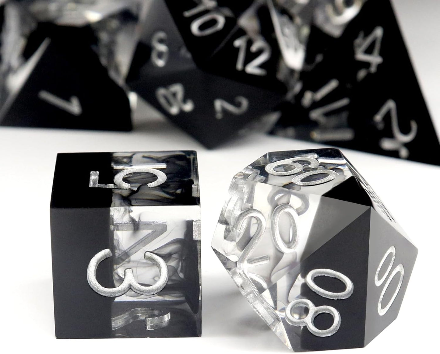 Haxtec Sharp Edge DND Dice Set Black Swirls Resin Dice with Dice Case D&D Dice for RPG Role Playing Games Compatible with Dungeons and Dragons Gifts