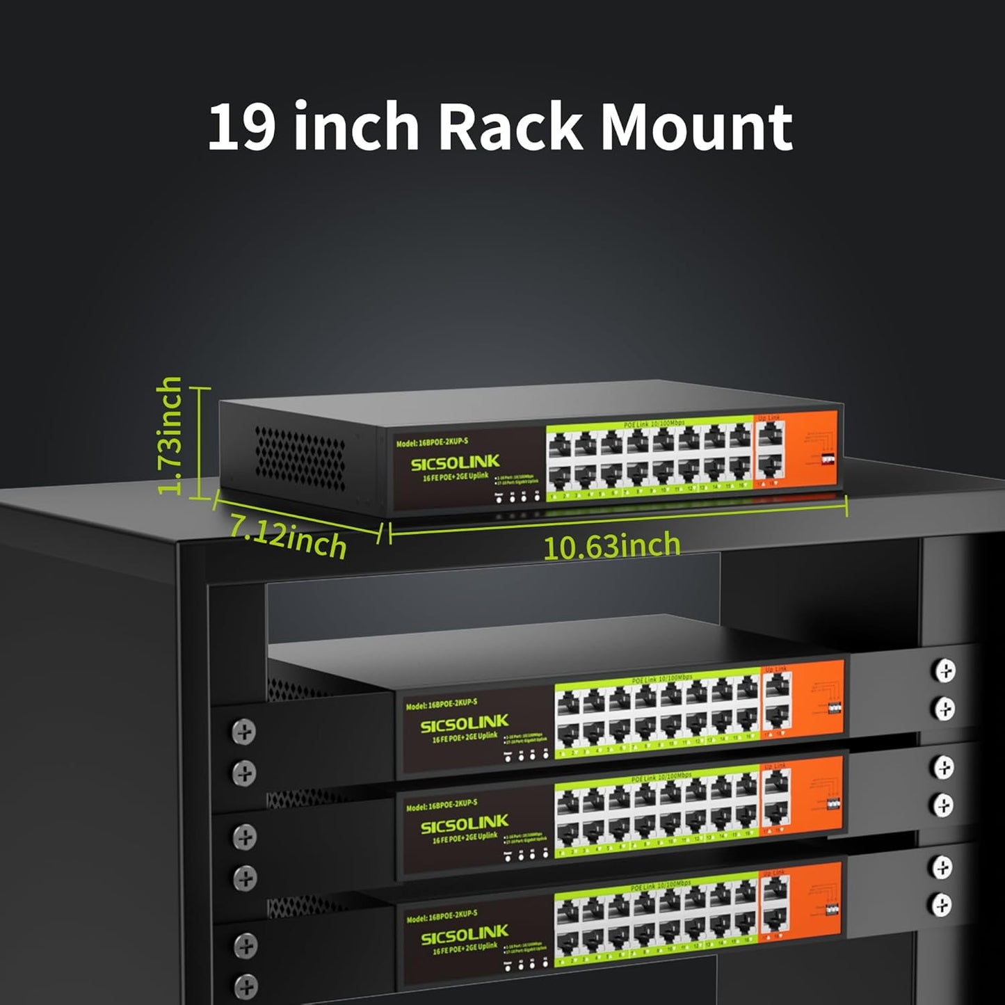 16 Port POE Switch with 2 Gigabit Uplink, IEEE 802.3af/at 100Mbps, 250W Built-in Power,Unmanaged, Extend to 250M for PC Network, AP, IP Phone, Rackmount.