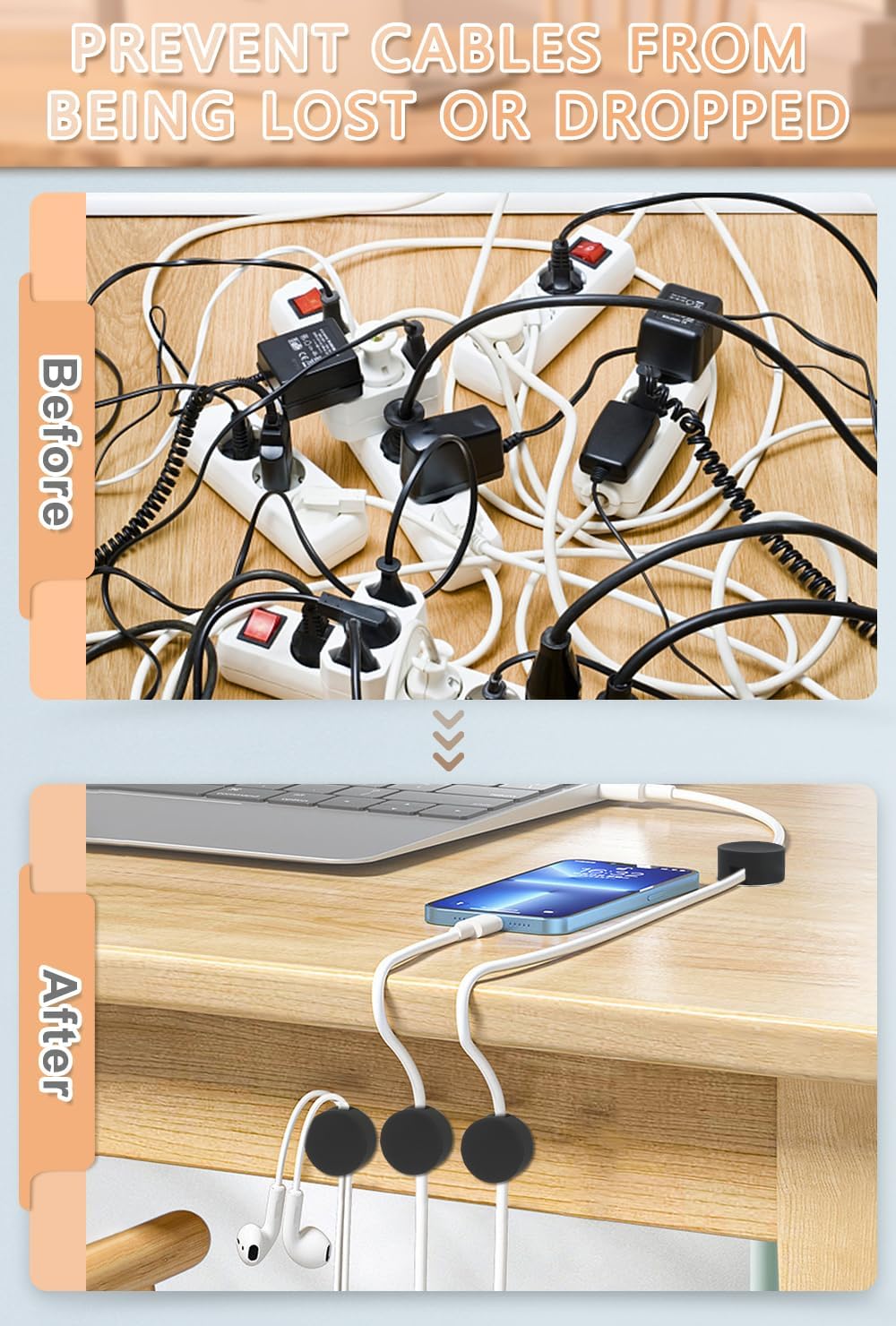 Maveek 5 Pcs Magnetic Cord Holder Cable Management, Strong Cable Clips Magnets Metal Plate, Adhesive Wire Organizers for Nightstand Desktop Wall Kitchen USB LAN (Black)